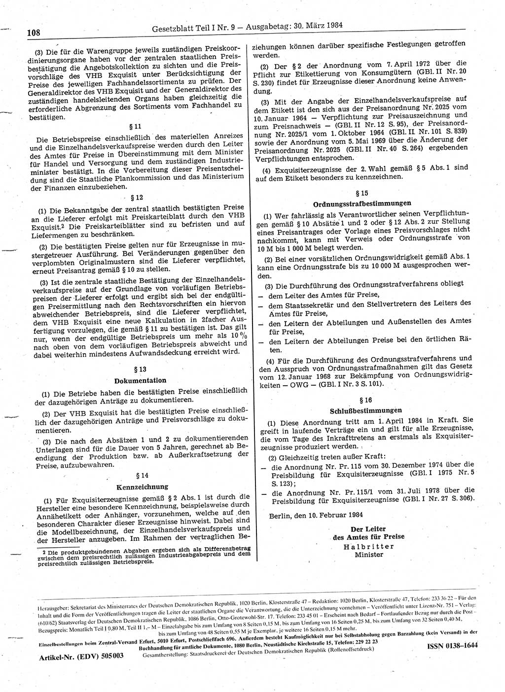Gesetzblatt (GBl.) der Deutschen Demokratischen Republik (DDR) Teil Ⅰ 1984, Seite 108 (GBl. DDR Ⅰ 1984, S. 108)