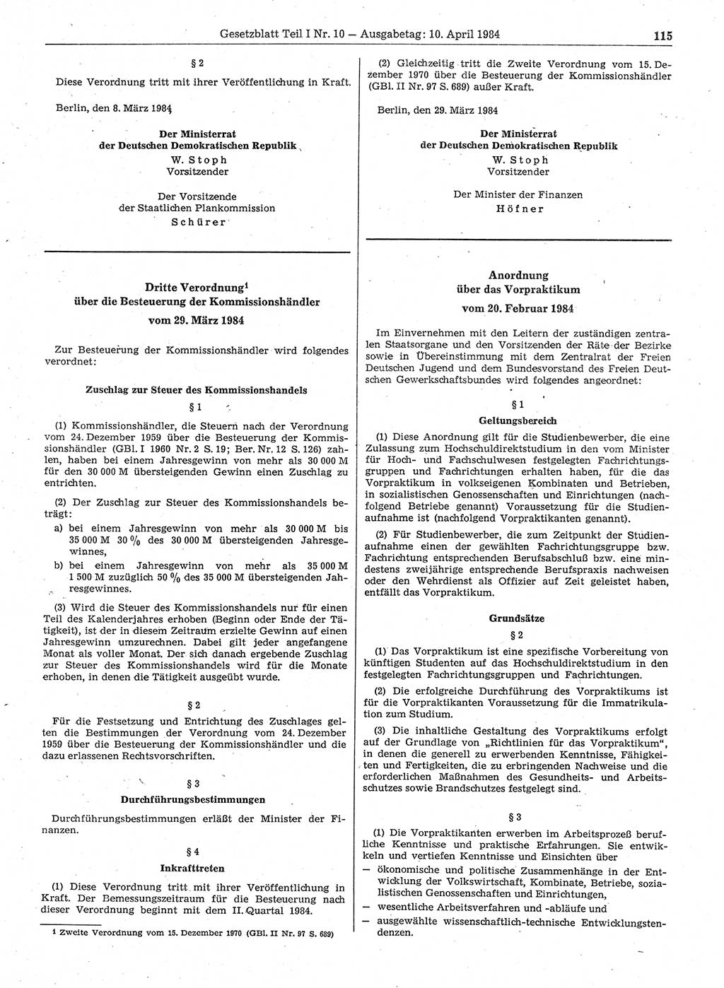 Gesetzblatt (GBl.) der Deutschen Demokratischen Republik (DDR) Teil Ⅰ 1984, Seite 115 (GBl. DDR Ⅰ 1984, S. 115)