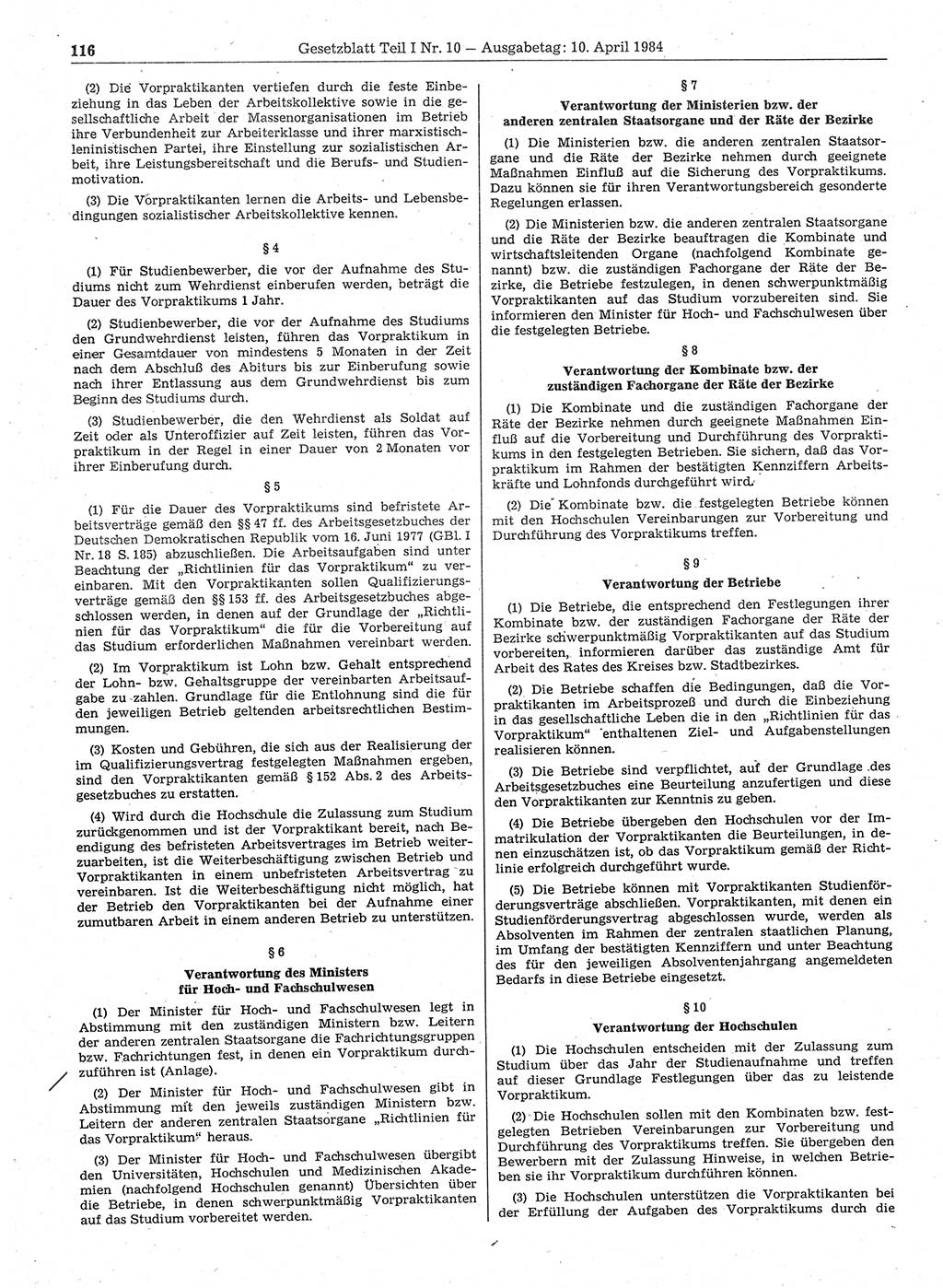 Gesetzblatt (GBl.) der Deutschen Demokratischen Republik (DDR) Teil Ⅰ 1984, Seite 116 (GBl. DDR Ⅰ 1984, S. 116)