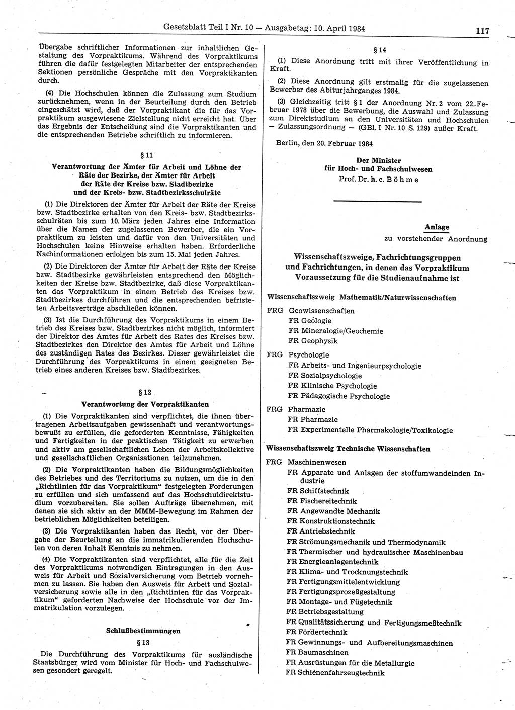 Gesetzblatt (GBl.) der Deutschen Demokratischen Republik (DDR) Teil Ⅰ 1984, Seite 117 (GBl. DDR Ⅰ 1984, S. 117)