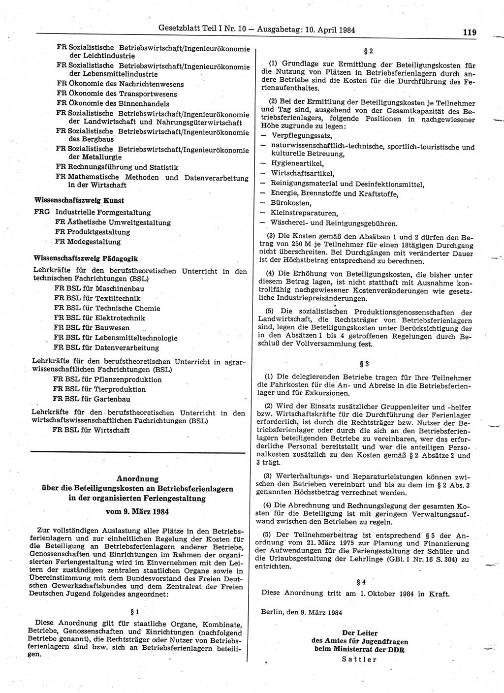 Gesetzblatt (GBl.) der Deutschen Demokratischen Republik (DDR) Teil Ⅰ 1984, Seite 119 (GBl. DDR Ⅰ 1984, S. 119)