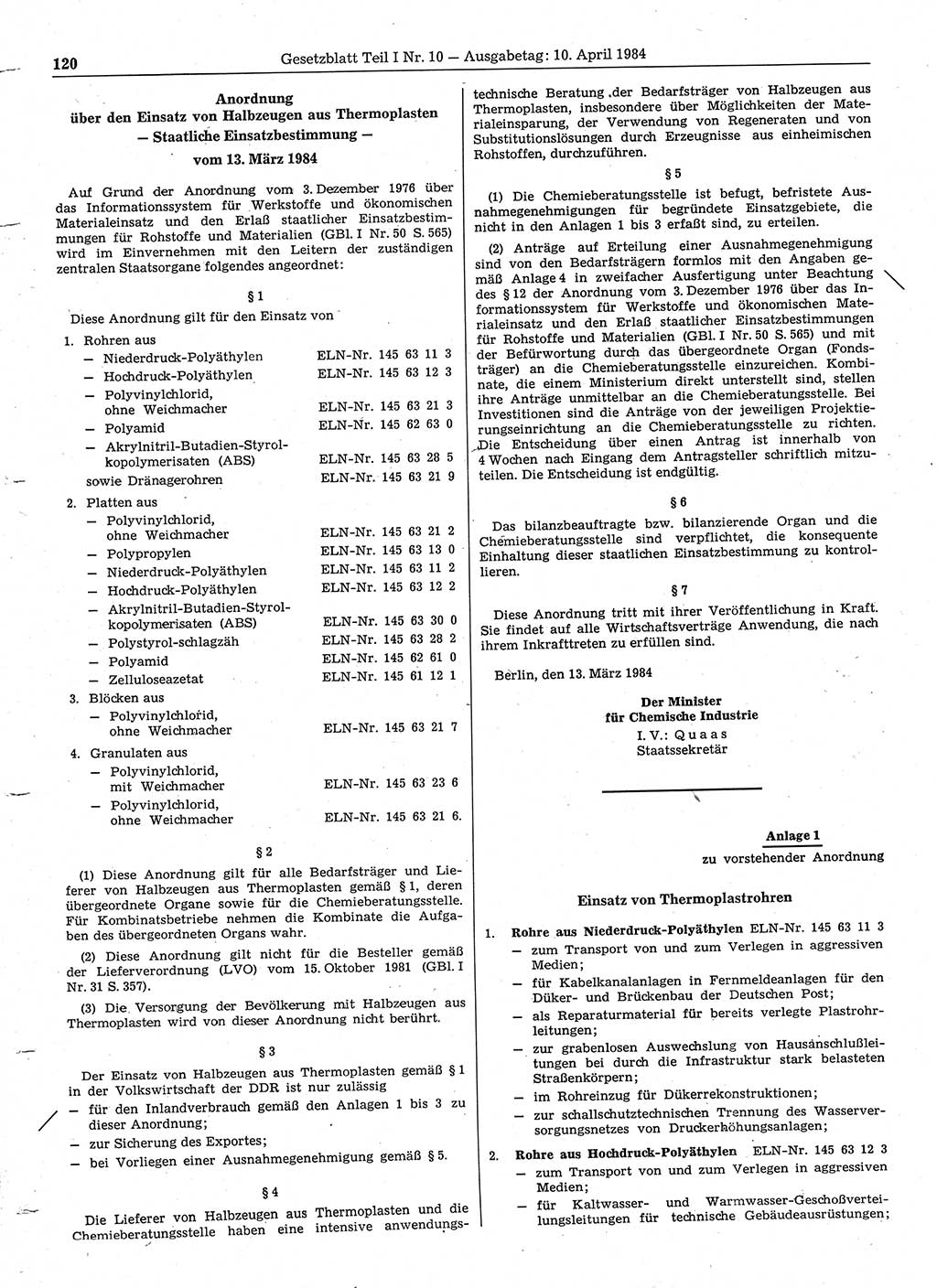 Gesetzblatt (GBl.) der Deutschen Demokratischen Republik (DDR) Teil Ⅰ 1984, Seite 120 (GBl. DDR Ⅰ 1984, S. 120)
