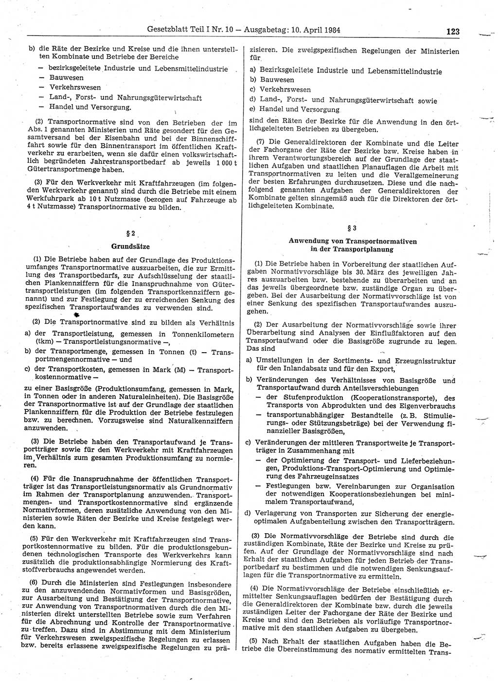 Gesetzblatt (GBl.) der Deutschen Demokratischen Republik (DDR) Teil Ⅰ 1984, Seite 123 (GBl. DDR Ⅰ 1984, S. 123)