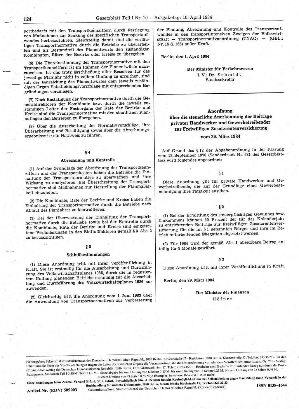 Gesetzblatt (GBl.) der Deutschen Demokratischen Republik (DDR) Teil Ⅰ 1984, Seite 124 (GBl. DDR Ⅰ 1984, S. 124)