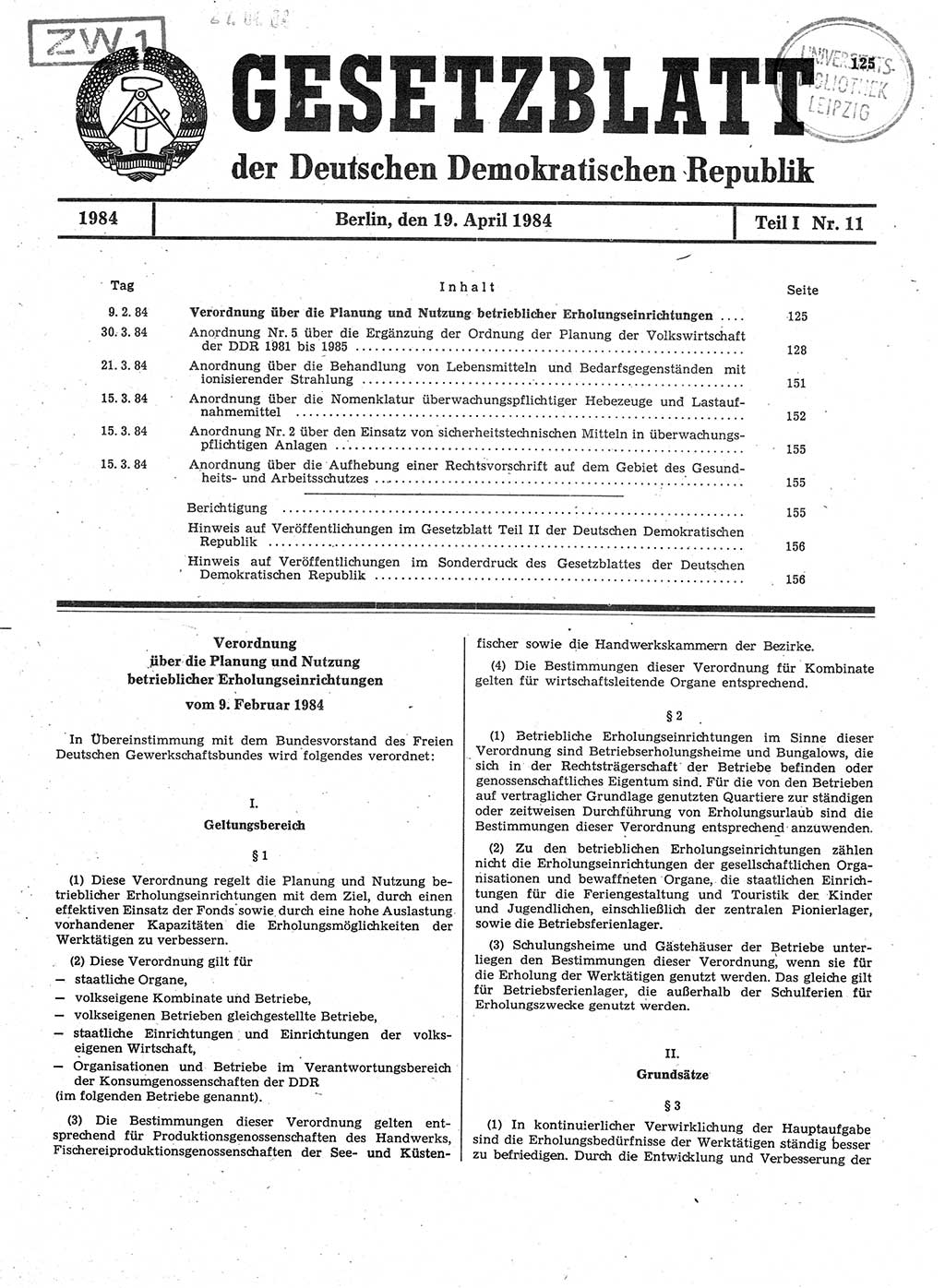 Gesetzblatt (GBl.) der Deutschen Demokratischen Republik (DDR) Teil Ⅰ 1984, Seite 125 (GBl. DDR Ⅰ 1984, S. 125)