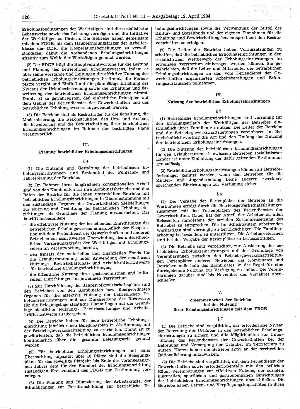 Gesetzblatt (GBl.) der Deutschen Demokratischen Republik (DDR) Teil Ⅰ 1984, Seite 126 (GBl. DDR Ⅰ 1984, S. 126)