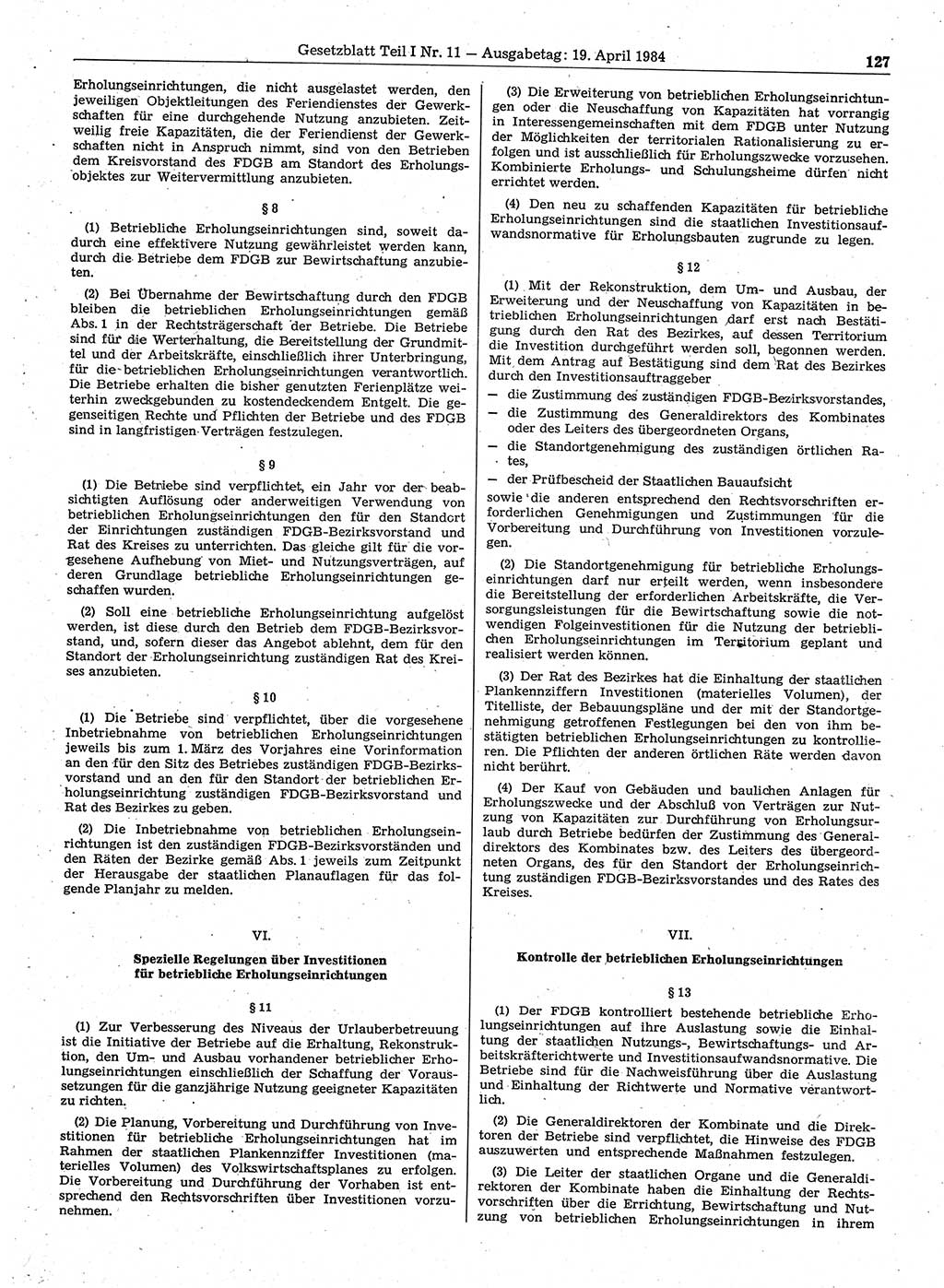Gesetzblatt (GBl.) der Deutschen Demokratischen Republik (DDR) Teil Ⅰ 1984, Seite 127 (GBl. DDR Ⅰ 1984, S. 127)