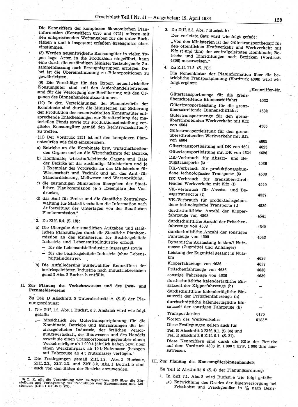 Gesetzblatt (GBl.) der Deutschen Demokratischen Republik (DDR) Teil Ⅰ 1984, Seite 129 (GBl. DDR Ⅰ 1984, S. 129)