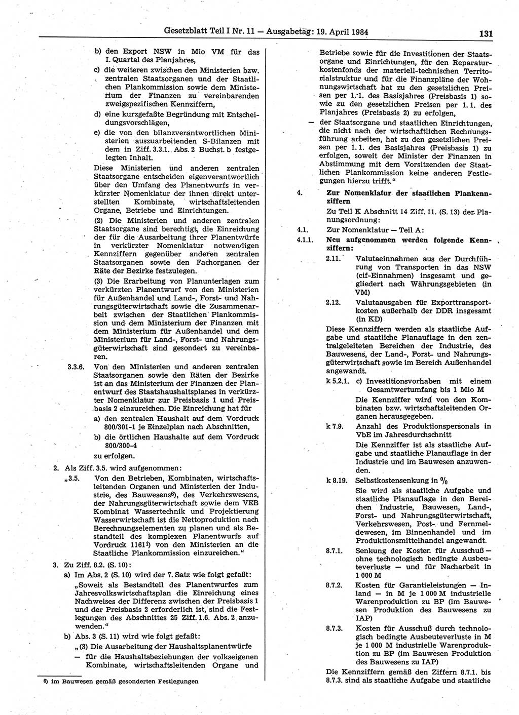 Gesetzblatt (GBl.) der Deutschen Demokratischen Republik (DDR) Teil Ⅰ 1984, Seite 131 (GBl. DDR Ⅰ 1984, S. 131)