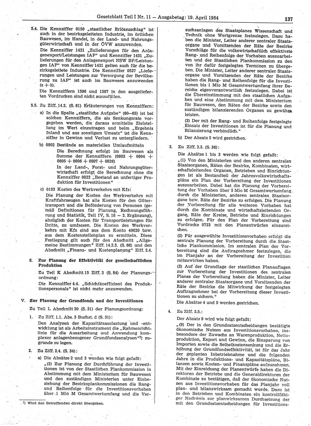 Gesetzblatt (GBl.) der Deutschen Demokratischen Republik (DDR) Teil Ⅰ 1984, Seite 137 (GBl. DDR Ⅰ 1984, S. 137)