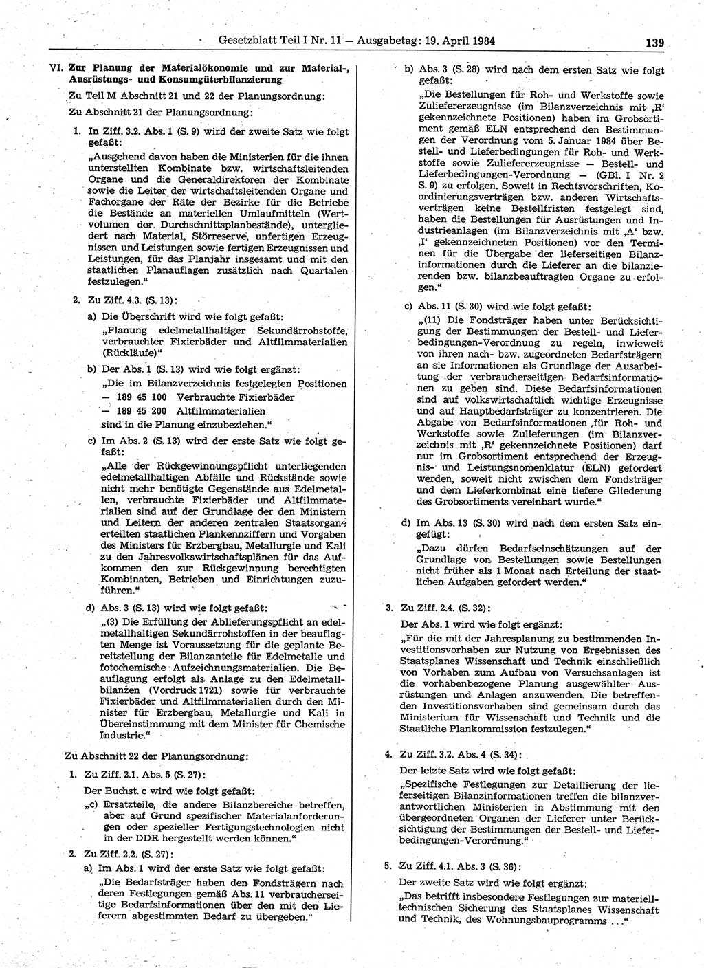 Gesetzblatt (GBl.) der Deutschen Demokratischen Republik (DDR) Teil Ⅰ 1984, Seite 139 (GBl. DDR Ⅰ 1984, S. 139)
