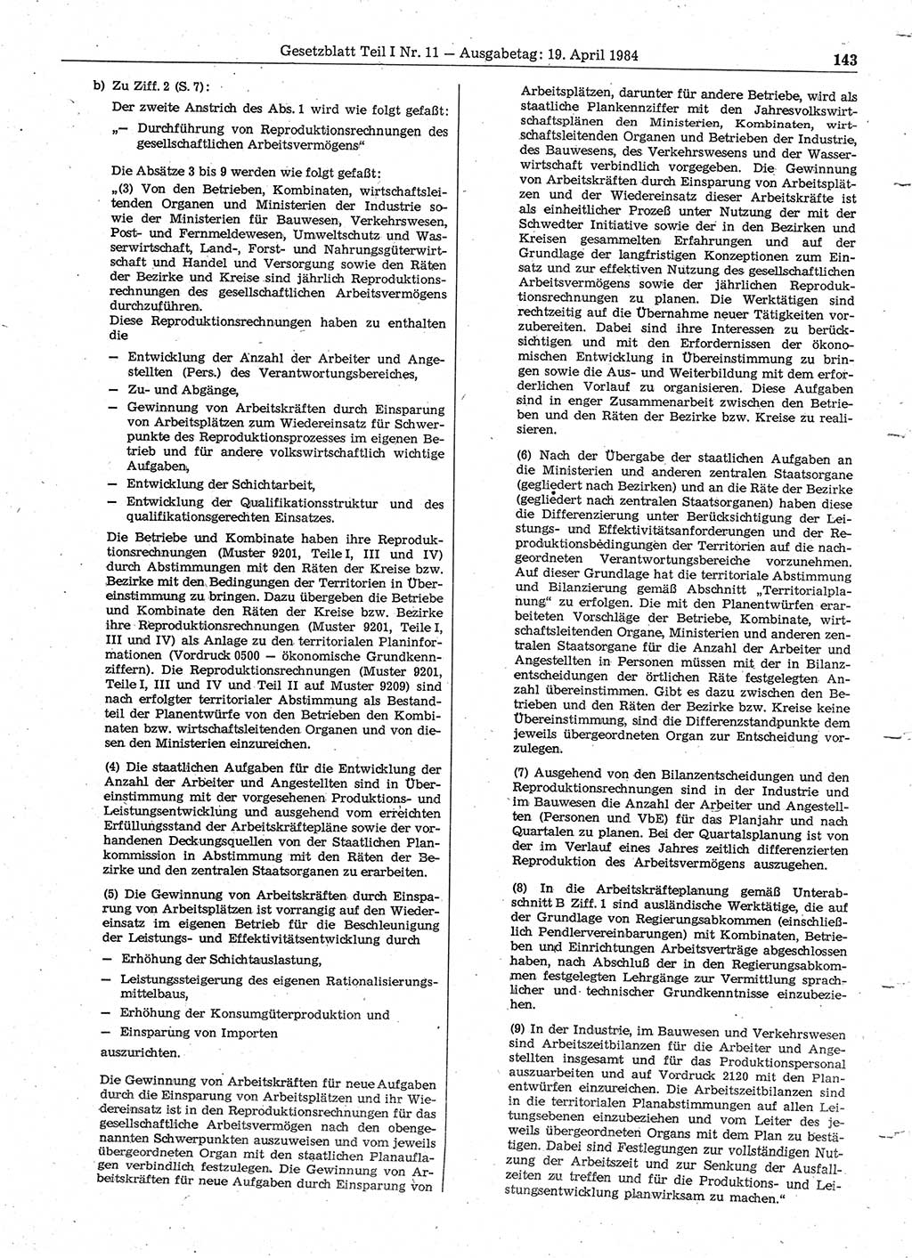 Gesetzblatt (GBl.) der Deutschen Demokratischen Republik (DDR) Teil Ⅰ 1984, Seite 143 (GBl. DDR Ⅰ 1984, S. 143)