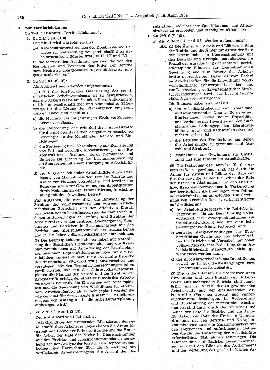 Gesetzblatt (GBl.) der Deutschen Demokratischen Republik (DDR) Teil Ⅰ 1984, Seite 150 (GBl. DDR Ⅰ 1984, S. 150)