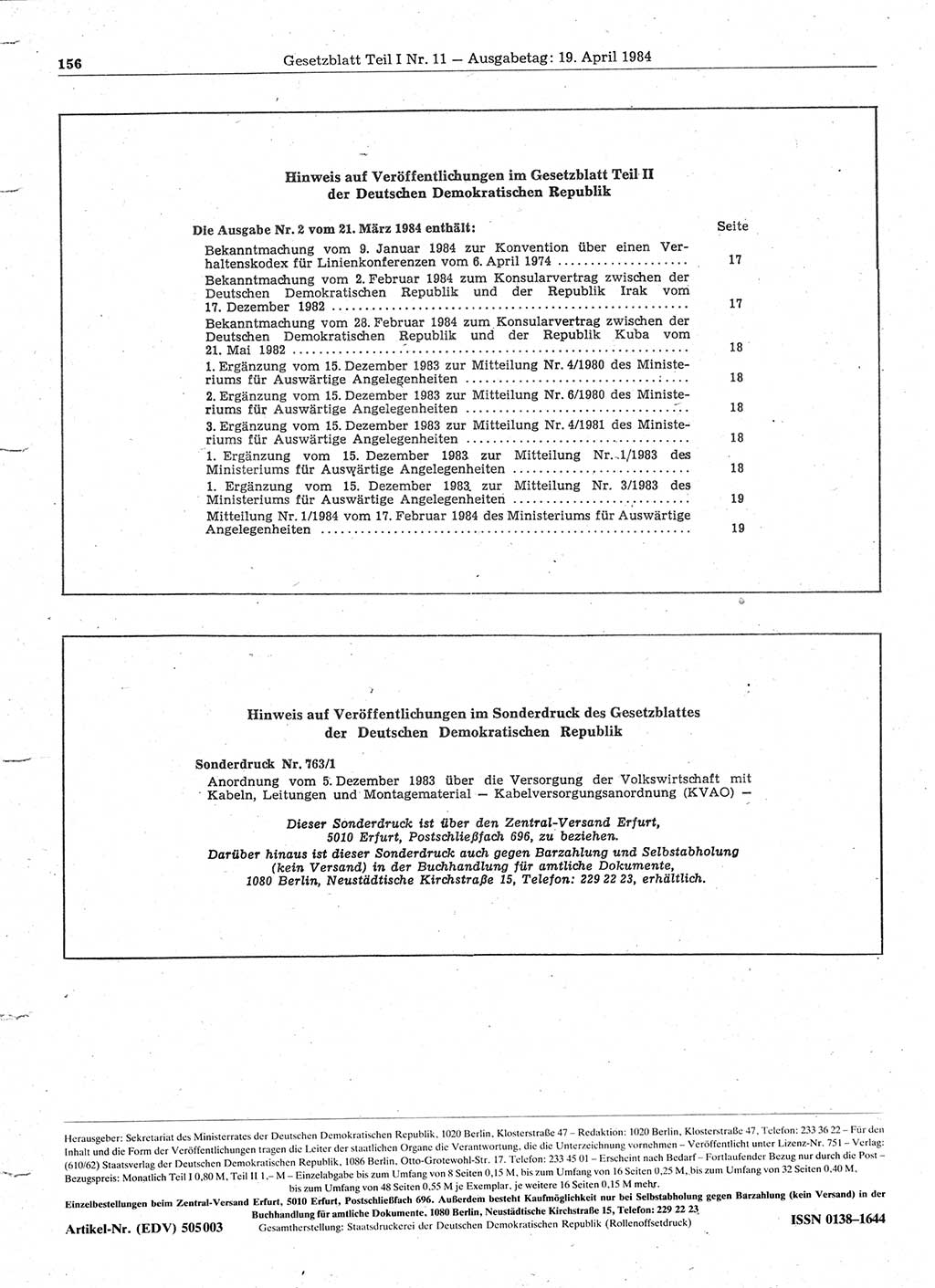 Gesetzblatt (GBl.) der Deutschen Demokratischen Republik (DDR) Teil Ⅰ 1984, Seite 156 (GBl. DDR Ⅰ 1984, S. 156)