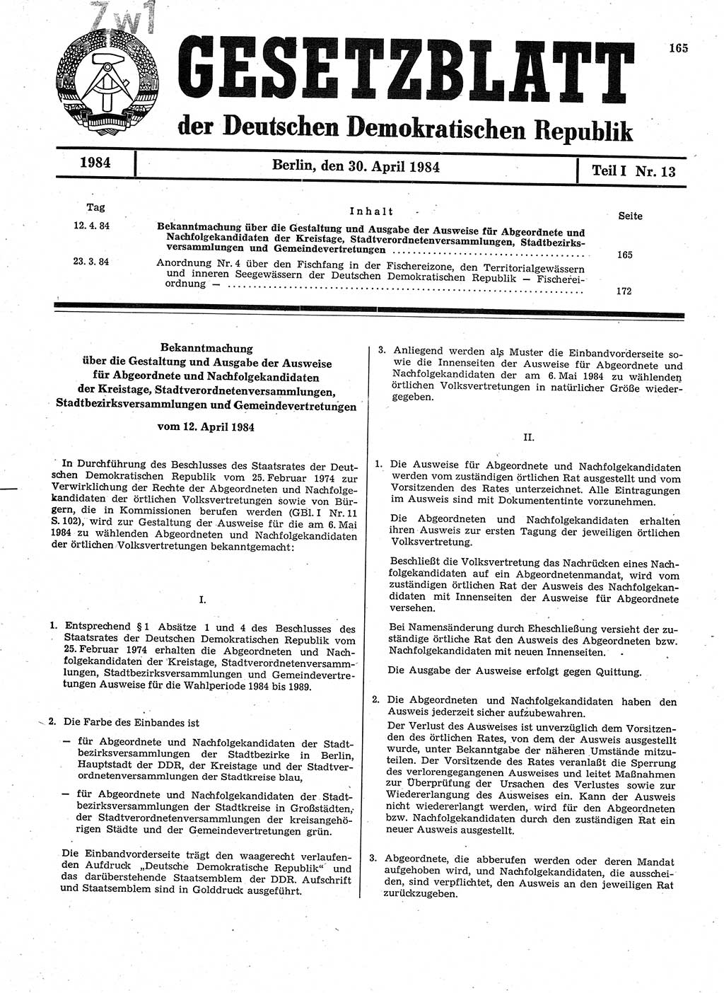 Gesetzblatt (GBl.) der Deutschen Demokratischen Republik (DDR) Teil Ⅰ 1984, Seite 165 (GBl. DDR Ⅰ 1984, S. 165)