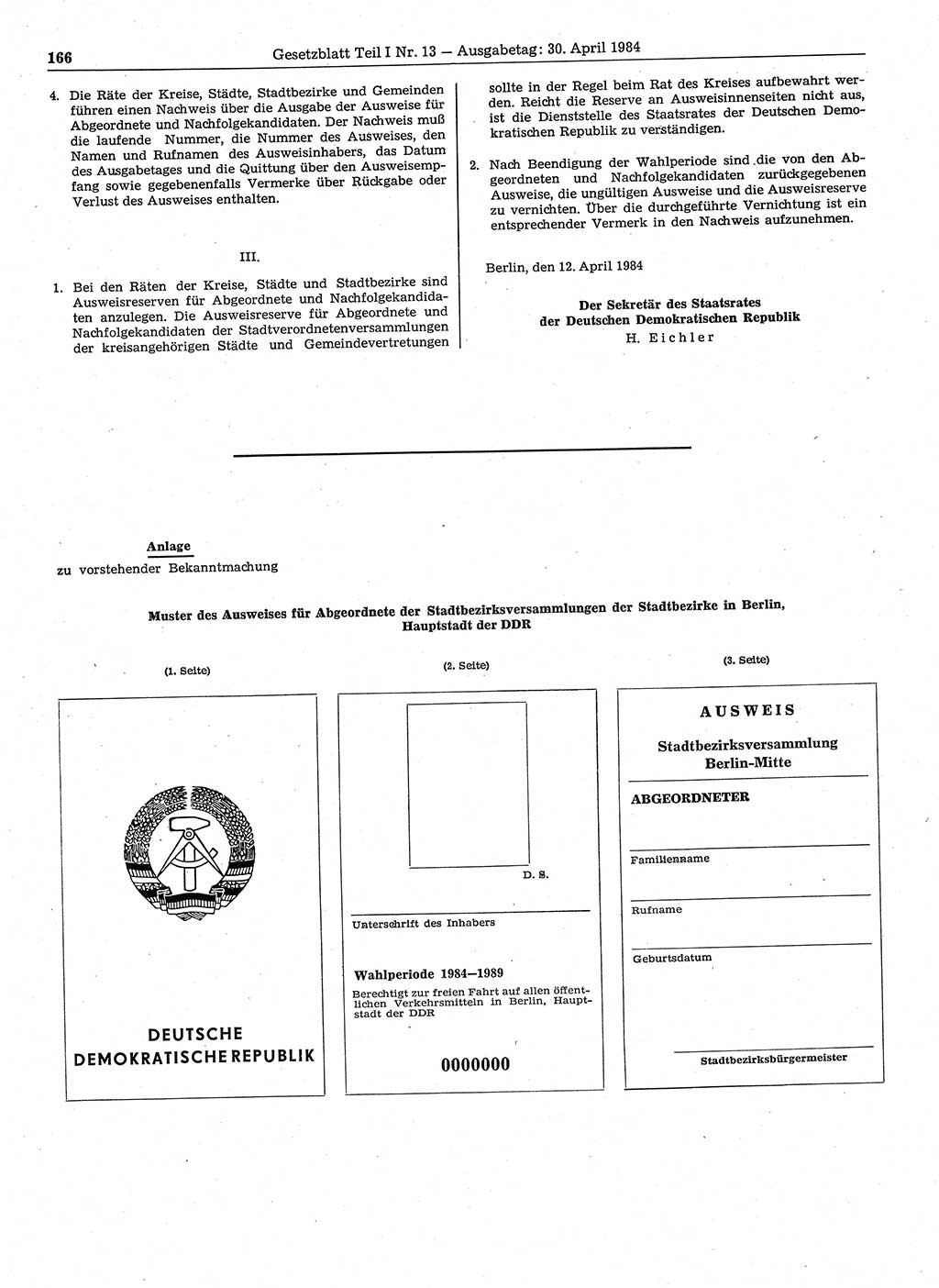 Gesetzblatt (GBl.) der Deutschen Demokratischen Republik (DDR) Teil Ⅰ 1984, Seite 166 (GBl. DDR Ⅰ 1984, S. 166)