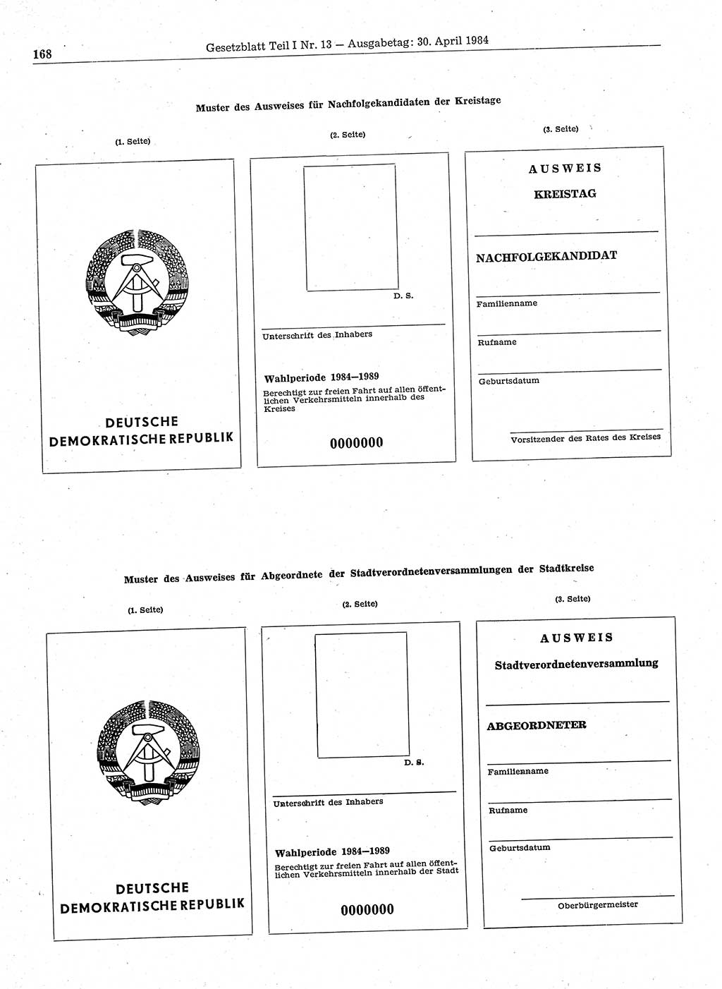 Gesetzblatt (GBl.) der Deutschen Demokratischen Republik (DDR) Teil Ⅰ 1984, Seite 168 (GBl. DDR Ⅰ 1984, S. 168)