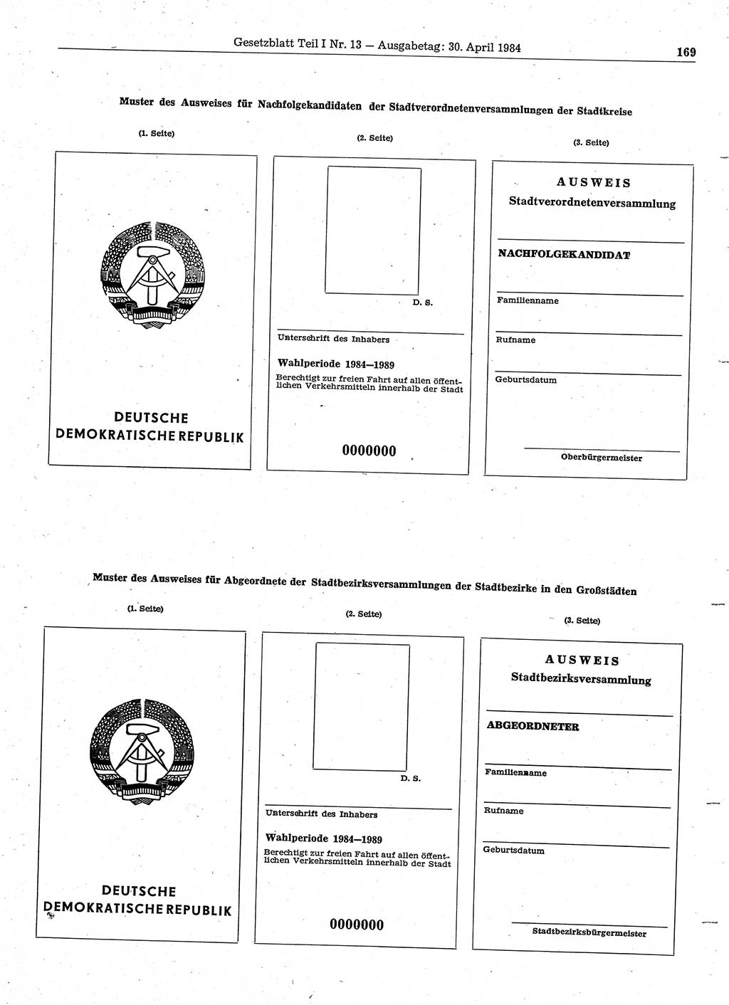 Gesetzblatt (GBl.) der Deutschen Demokratischen Republik (DDR) Teil Ⅰ 1984, Seite 169 (GBl. DDR Ⅰ 1984, S. 169)