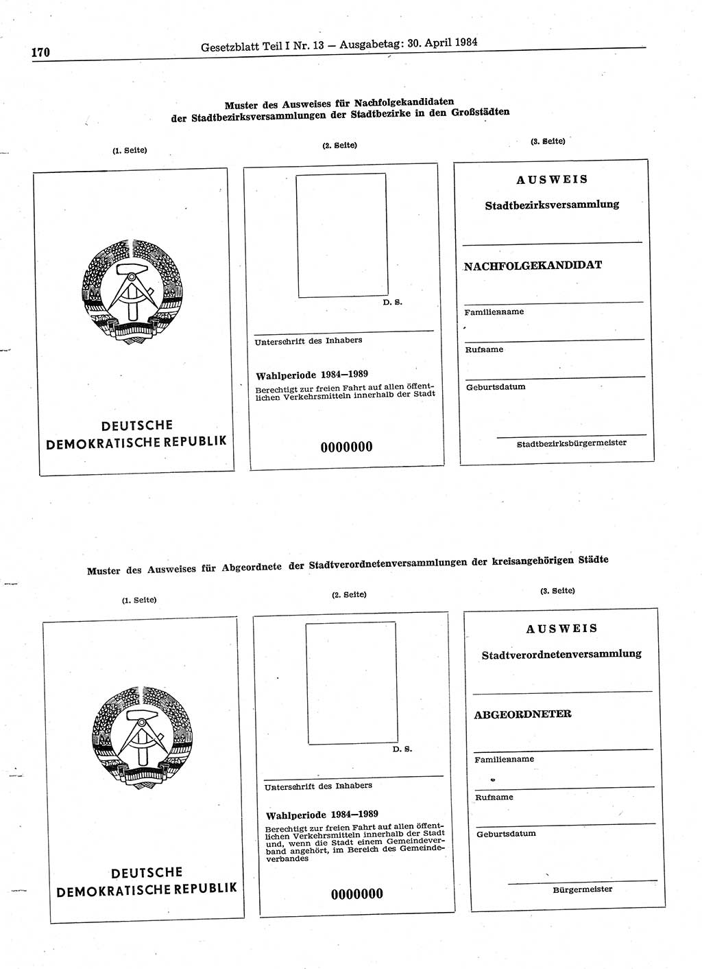 Gesetzblatt (GBl.) der Deutschen Demokratischen Republik (DDR) Teil Ⅰ 1984, Seite 170 (GBl. DDR Ⅰ 1984, S. 170)
