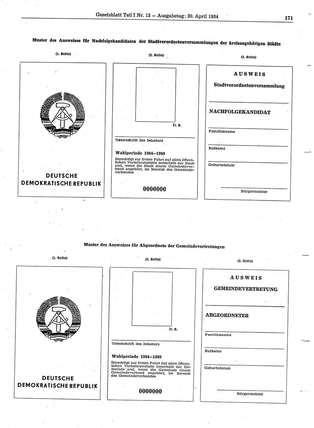Gesetzblatt (GBl.) der Deutschen Demokratischen Republik (DDR) Teil Ⅰ 1984, Seite 171 (GBl. DDR Ⅰ 1984, S. 171)