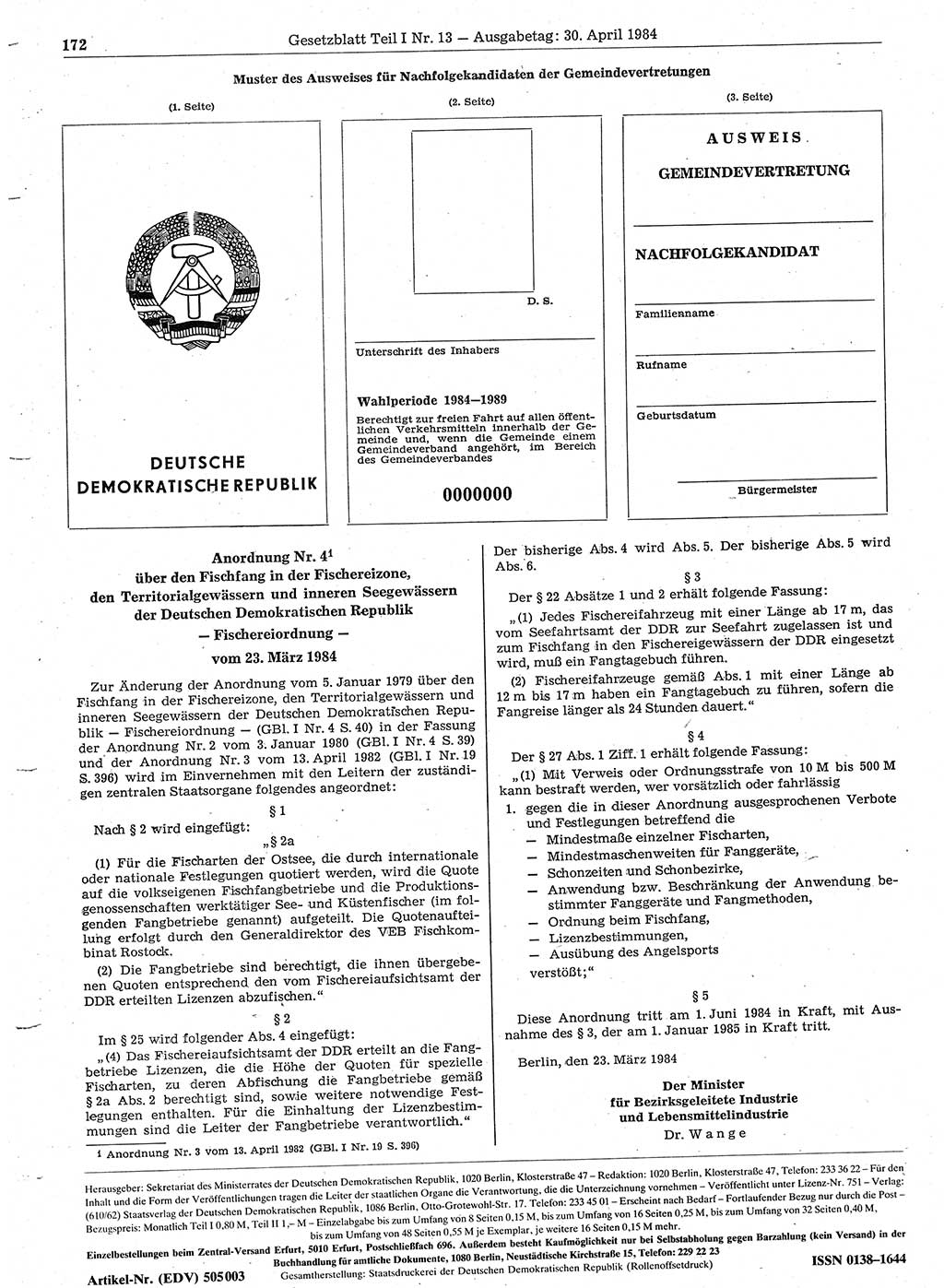 Gesetzblatt (GBl.) der Deutschen Demokratischen Republik (DDR) Teil Ⅰ 1984, Seite 172 (GBl. DDR Ⅰ 1984, S. 172)