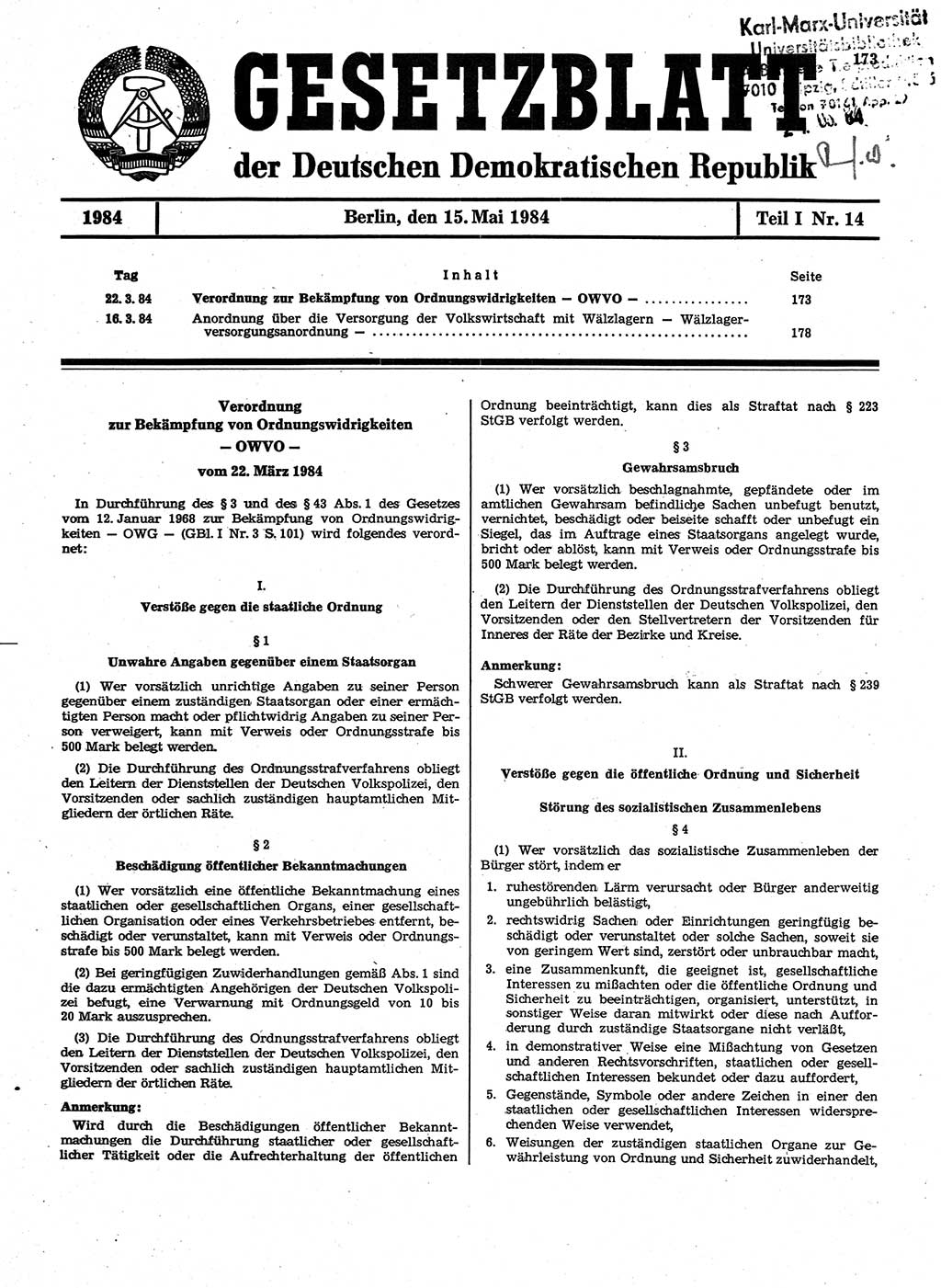 Gesetzblatt (GBl.) der Deutschen Demokratischen Republik (DDR) Teil Ⅰ 1984, Seite 173 (GBl. DDR Ⅰ 1984, S. 173)