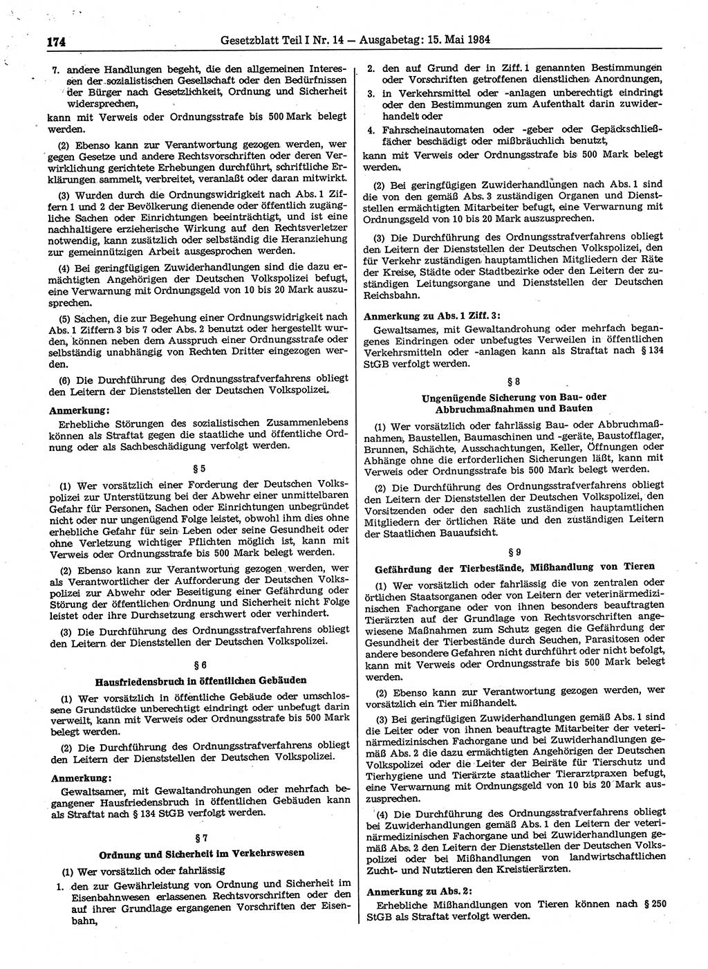 Gesetzblatt (GBl.) der Deutschen Demokratischen Republik (DDR) Teil Ⅰ 1984, Seite 174 (GBl. DDR Ⅰ 1984, S. 174)