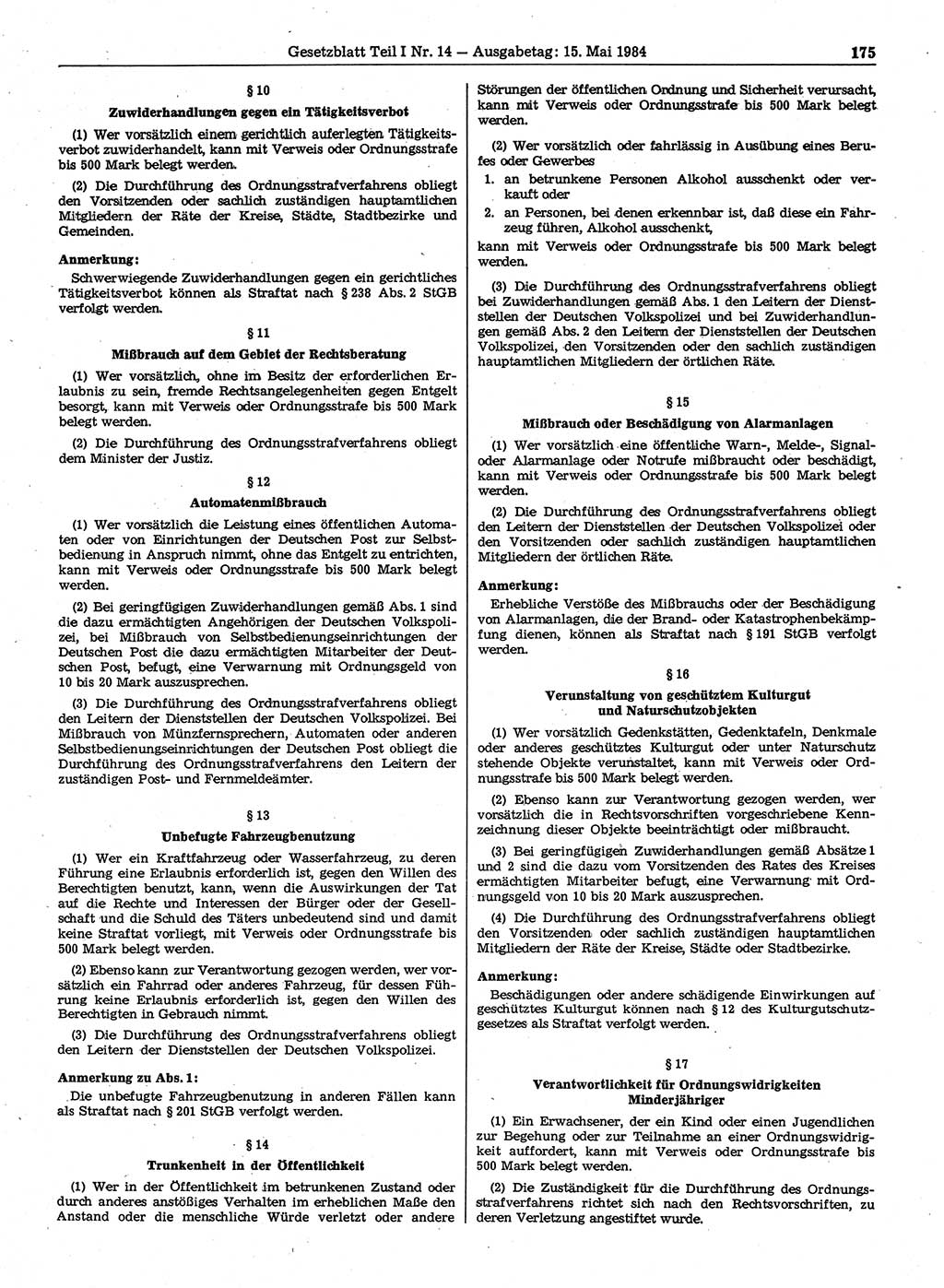 Gesetzblatt (GBl.) der Deutschen Demokratischen Republik (DDR) Teil Ⅰ 1984, Seite 175 (GBl. DDR Ⅰ 1984, S. 175)