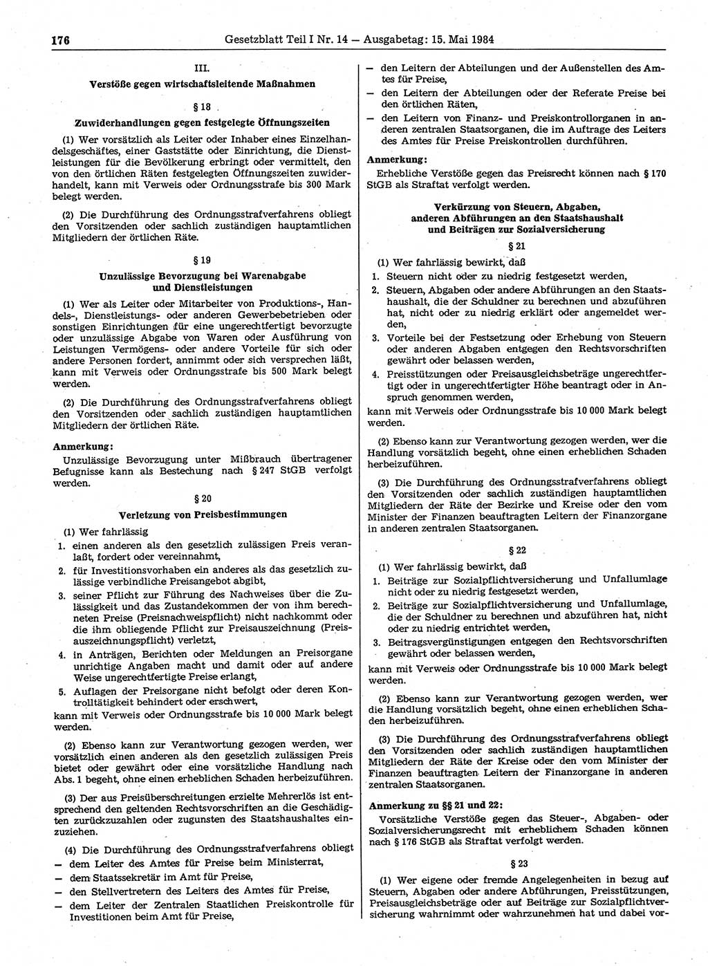 Gesetzblatt (GBl.) der Deutschen Demokratischen Republik (DDR) Teil Ⅰ 1984, Seite 176 (GBl. DDR Ⅰ 1984, S. 176)