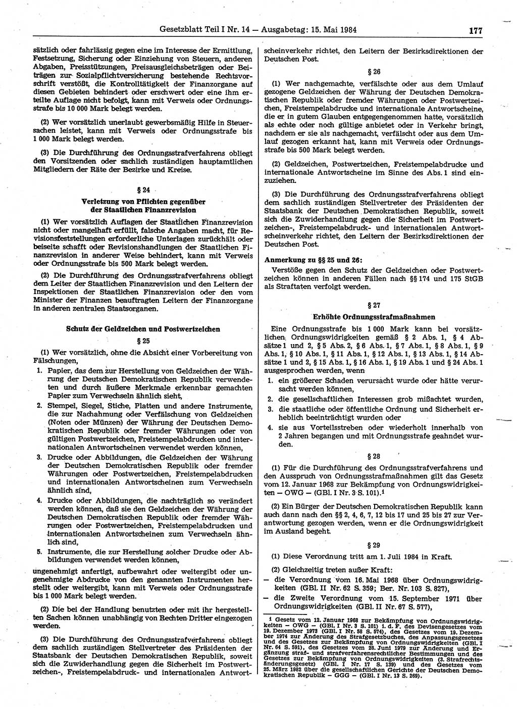 Gesetzblatt (GBl.) der Deutschen Demokratischen Republik (DDR) Teil Ⅰ 1984, Seite 177 (GBl. DDR Ⅰ 1984, S. 177)