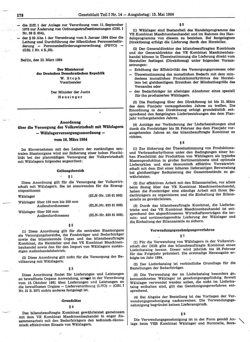 Gesetzblatt (GBl.) der Deutschen Demokratischen Republik (DDR) Teil Ⅰ 1984, Seite 178 (GBl. DDR Ⅰ 1984, S. 178)