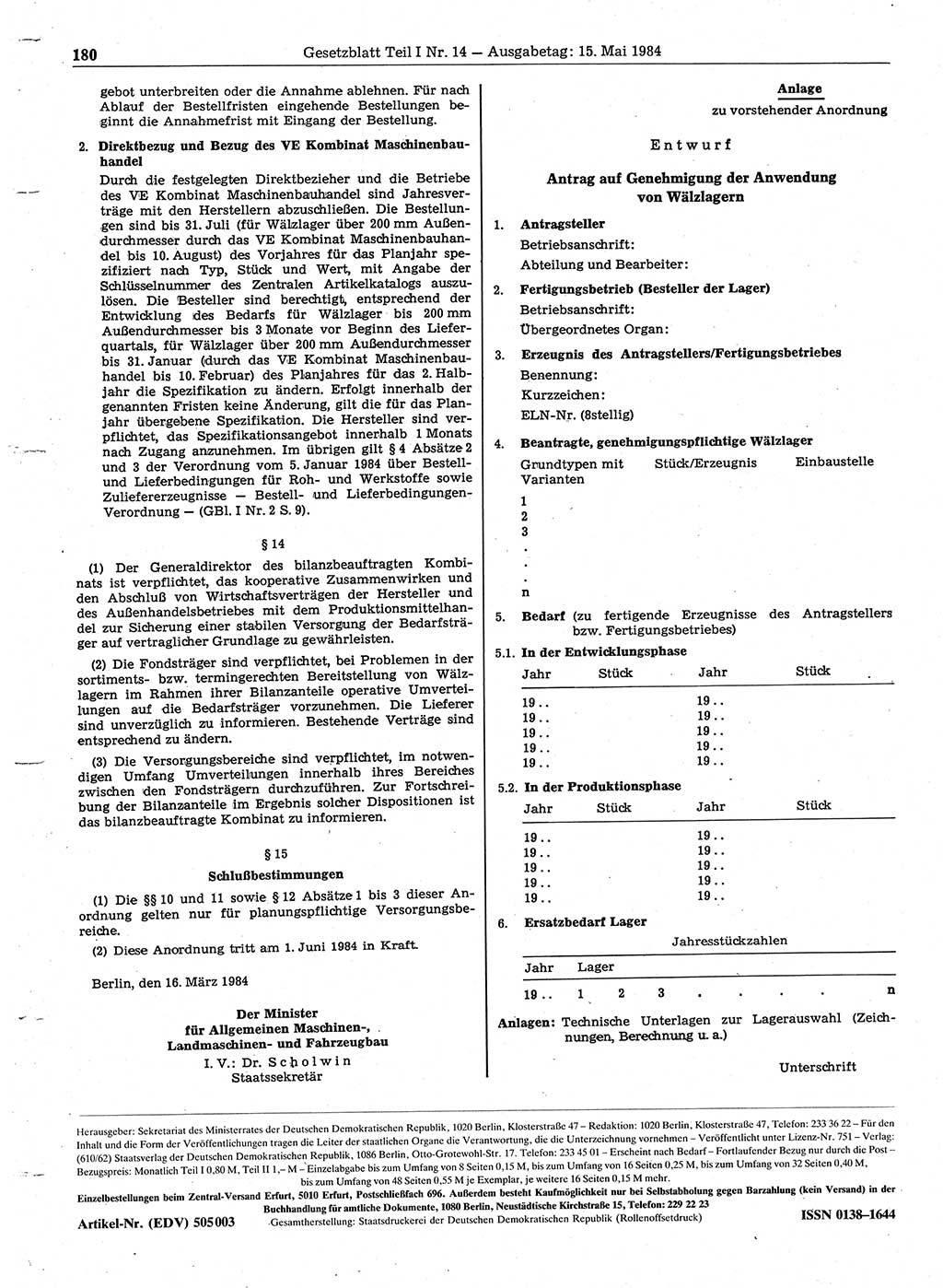 Gesetzblatt (GBl.) der Deutschen Demokratischen Republik (DDR) Teil Ⅰ 1984, Seite 180 (GBl. DDR Ⅰ 1984, S. 180)