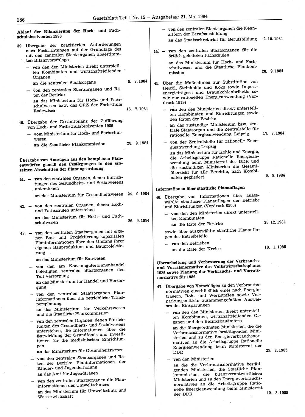 Gesetzblatt (GBl.) der Deutschen Demokratischen Republik (DDR) Teil Ⅰ 1984, Seite 186 (GBl. DDR Ⅰ 1984, S. 186)