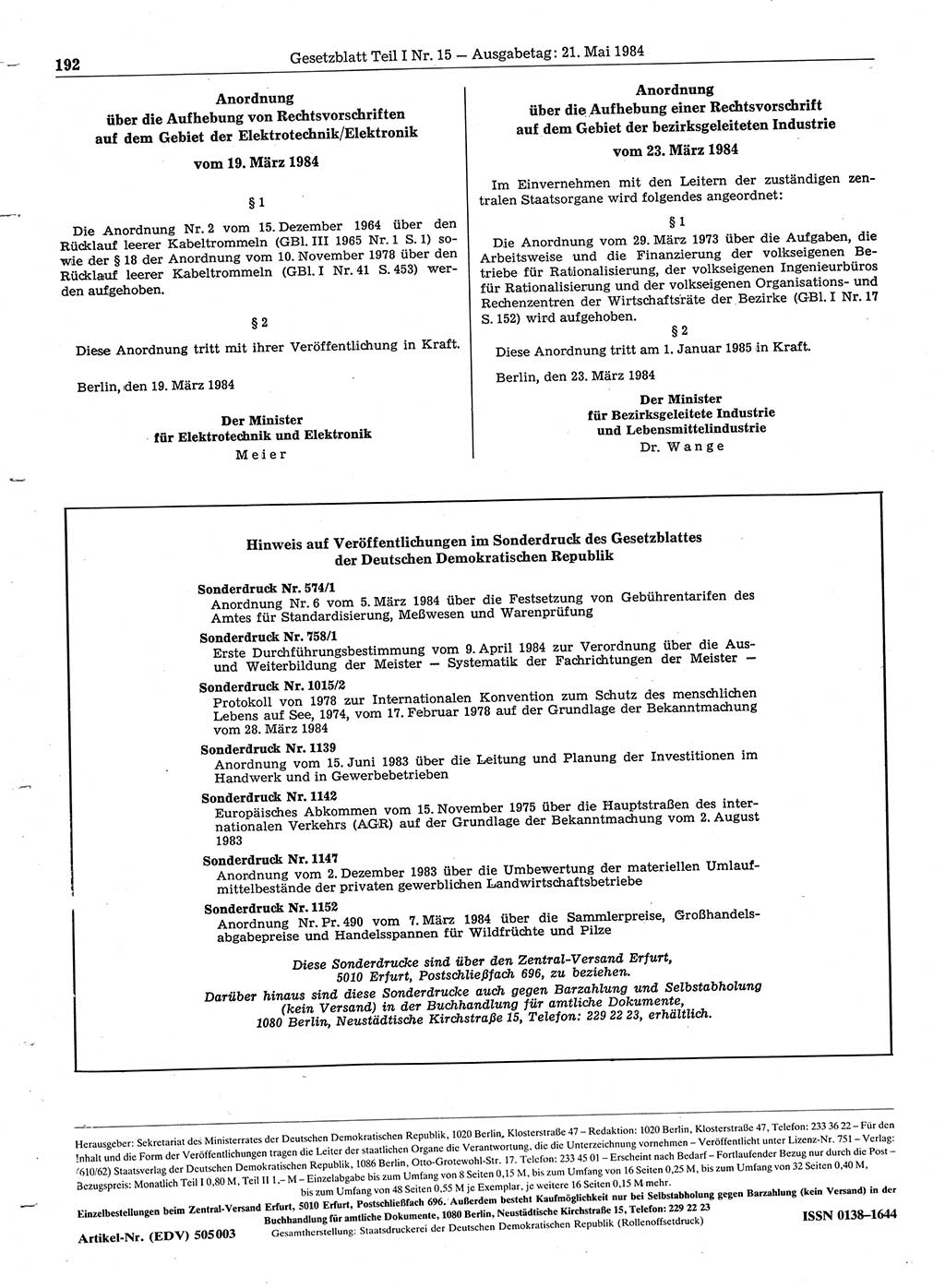 Gesetzblatt (GBl.) der Deutschen Demokratischen Republik (DDR) Teil Ⅰ 1984, Seite 192 (GBl. DDR Ⅰ 1984, S. 192)