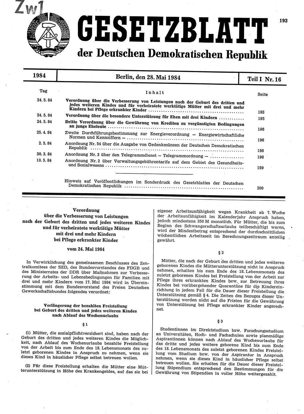 Gesetzblatt (GBl.) der Deutschen Demokratischen Republik (DDR) Teil Ⅰ 1984, Seite 193 (GBl. DDR Ⅰ 1984, S. 193)