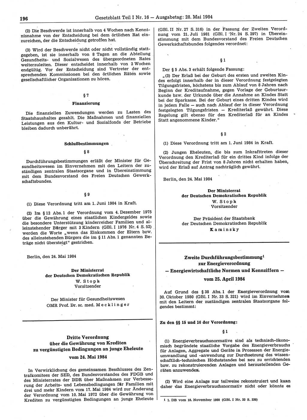 Gesetzblatt (GBl.) der Deutschen Demokratischen Republik (DDR) Teil Ⅰ 1984, Seite 196 (GBl. DDR Ⅰ 1984, S. 196)