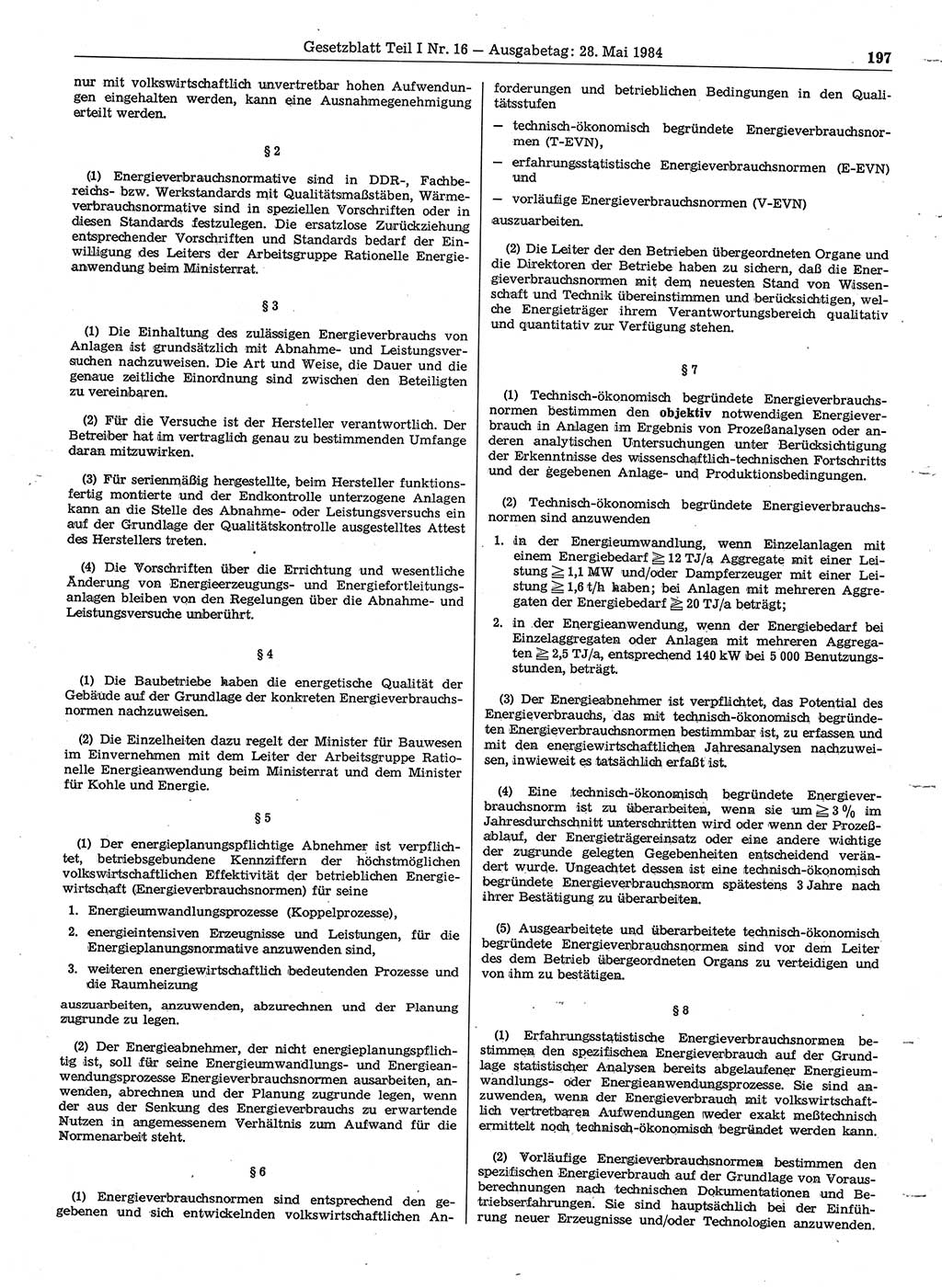 Gesetzblatt (GBl.) der Deutschen Demokratischen Republik (DDR) Teil Ⅰ 1984, Seite 197 (GBl. DDR Ⅰ 1984, S. 197)