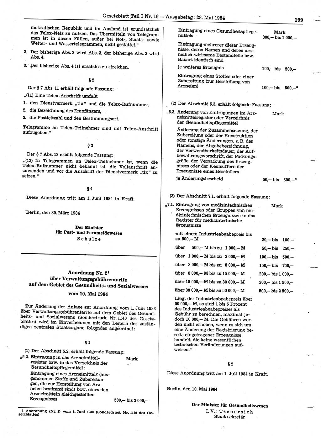 Gesetzblatt (GBl.) der Deutschen Demokratischen Republik (DDR) Teil Ⅰ 1984, Seite 199 (GBl. DDR Ⅰ 1984, S. 199)