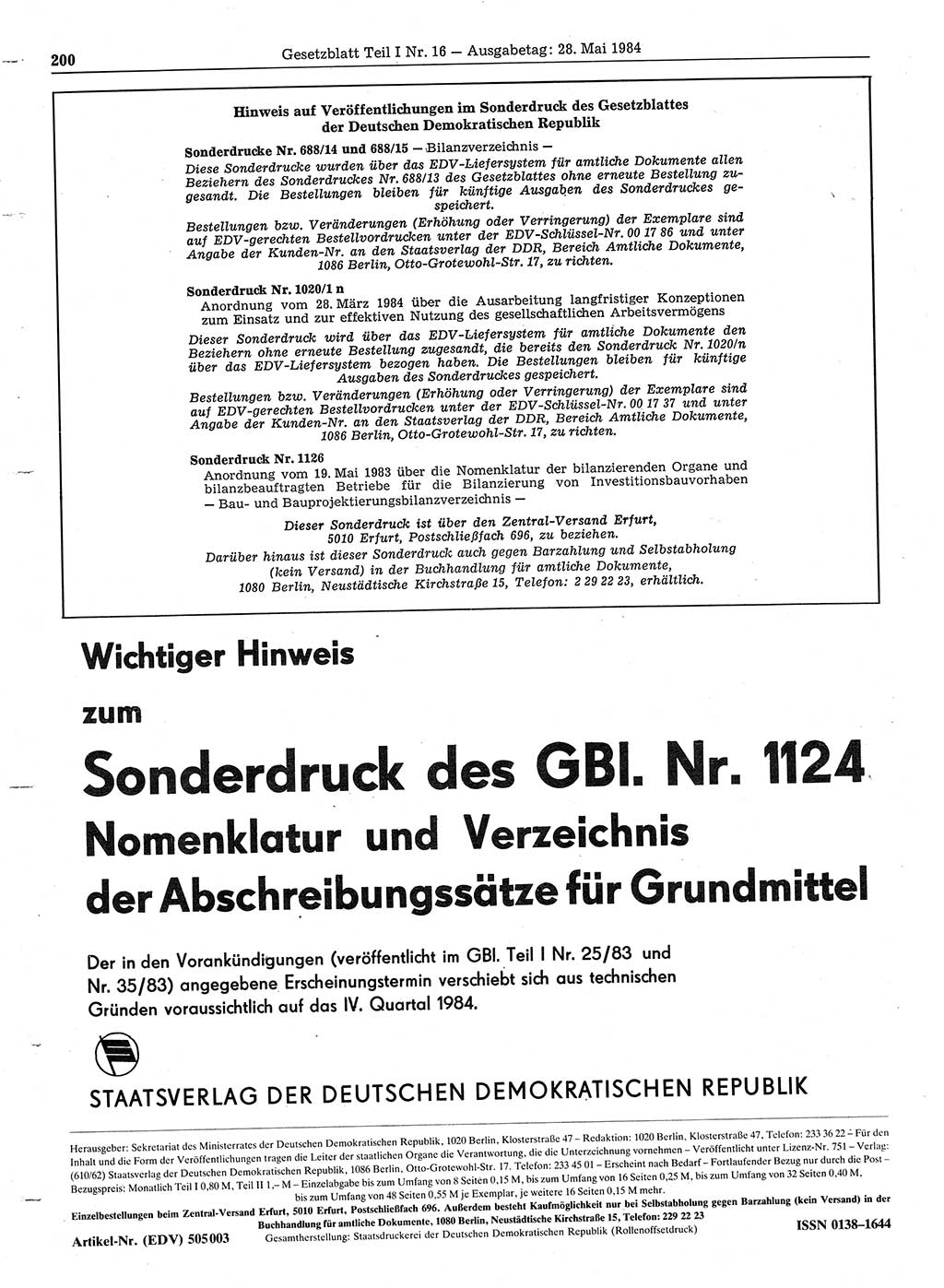 Gesetzblatt (GBl.) der Deutschen Demokratischen Republik (DDR) Teil Ⅰ 1984, Seite 200 (GBl. DDR Ⅰ 1984, S. 200)