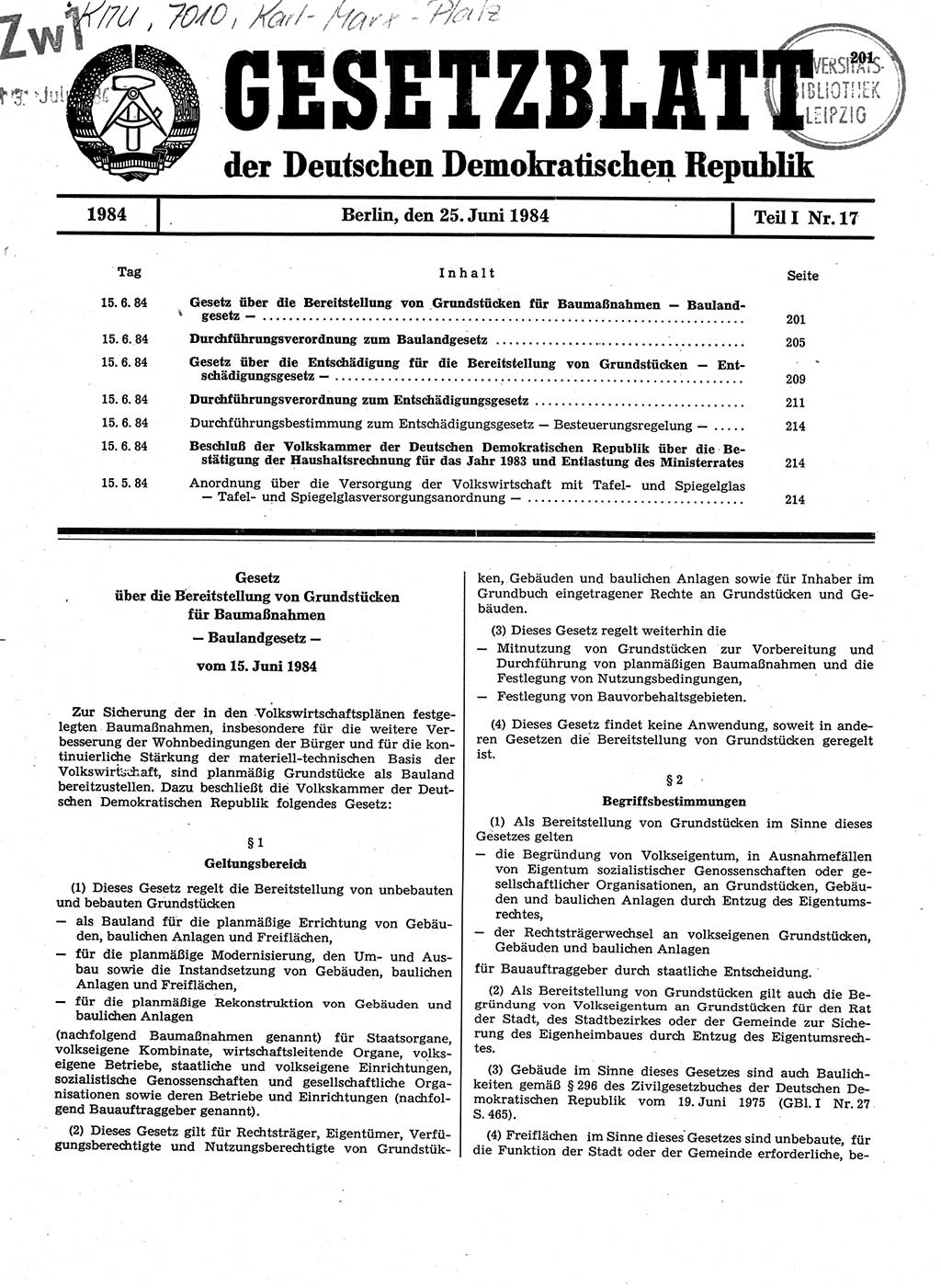 Gesetzblatt (GBl.) der Deutschen Demokratischen Republik (DDR) Teil Ⅰ 1984, Seite 201 (GBl. DDR Ⅰ 1984, S. 201)