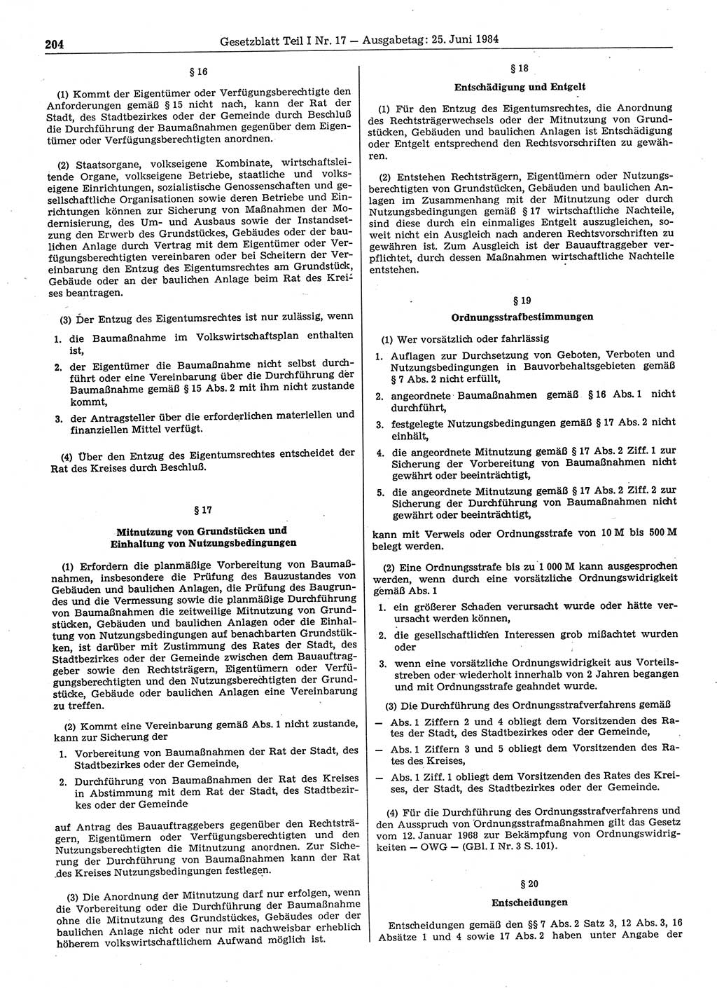 Gesetzblatt (GBl.) der Deutschen Demokratischen Republik (DDR) Teil Ⅰ 1984, Seite 204 (GBl. DDR Ⅰ 1984, S. 204)