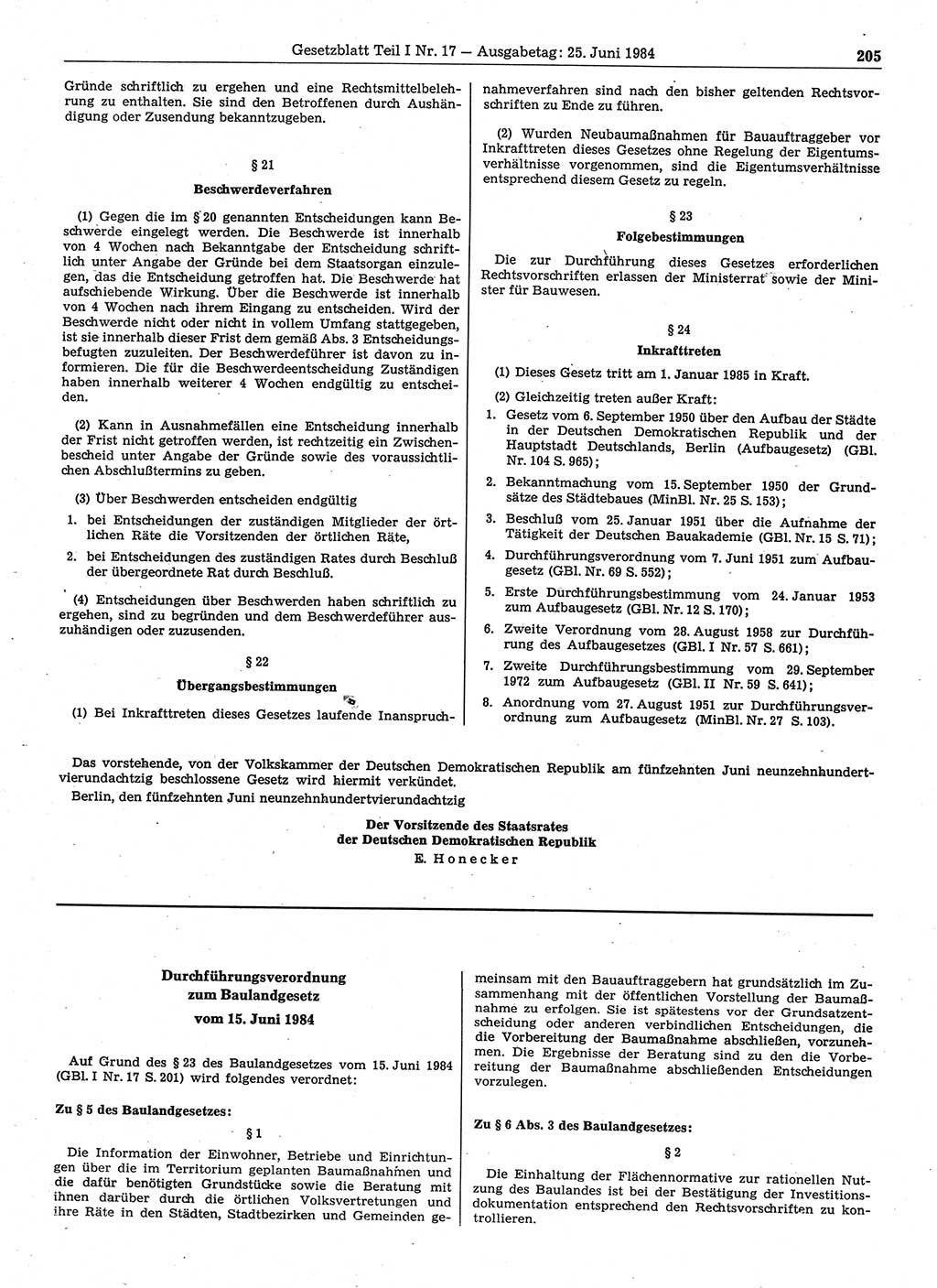 Gesetzblatt (GBl.) der Deutschen Demokratischen Republik (DDR) Teil Ⅰ 1984, Seite 205 (GBl. DDR Ⅰ 1984, S. 205)