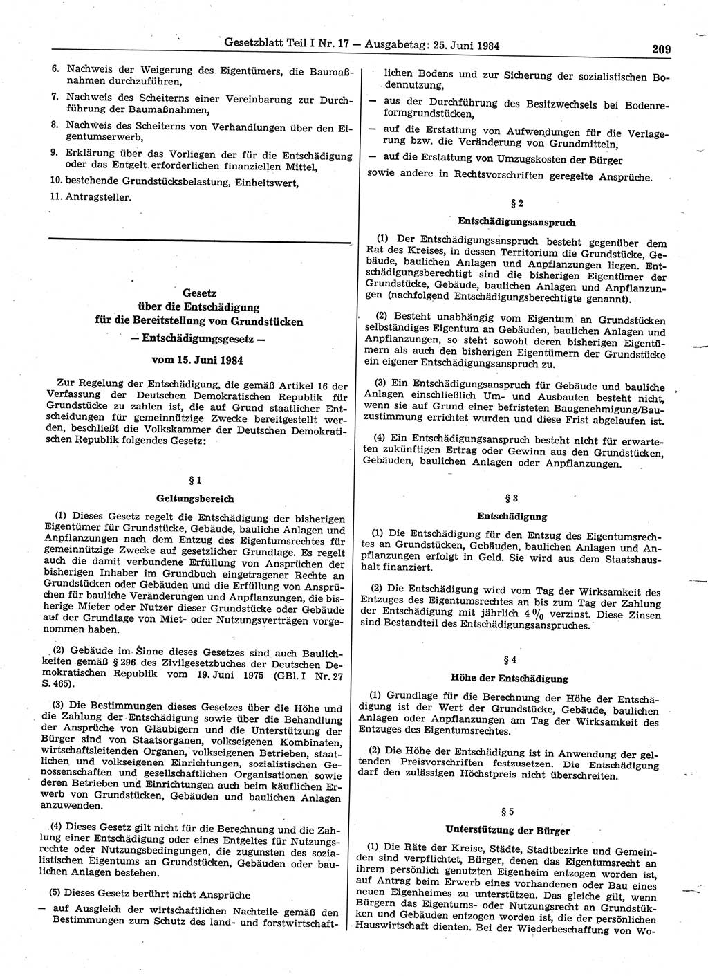 Gesetzblatt (GBl.) der Deutschen Demokratischen Republik (DDR) Teil Ⅰ 1984, Seite 209 (GBl. DDR Ⅰ 1984, S. 209)