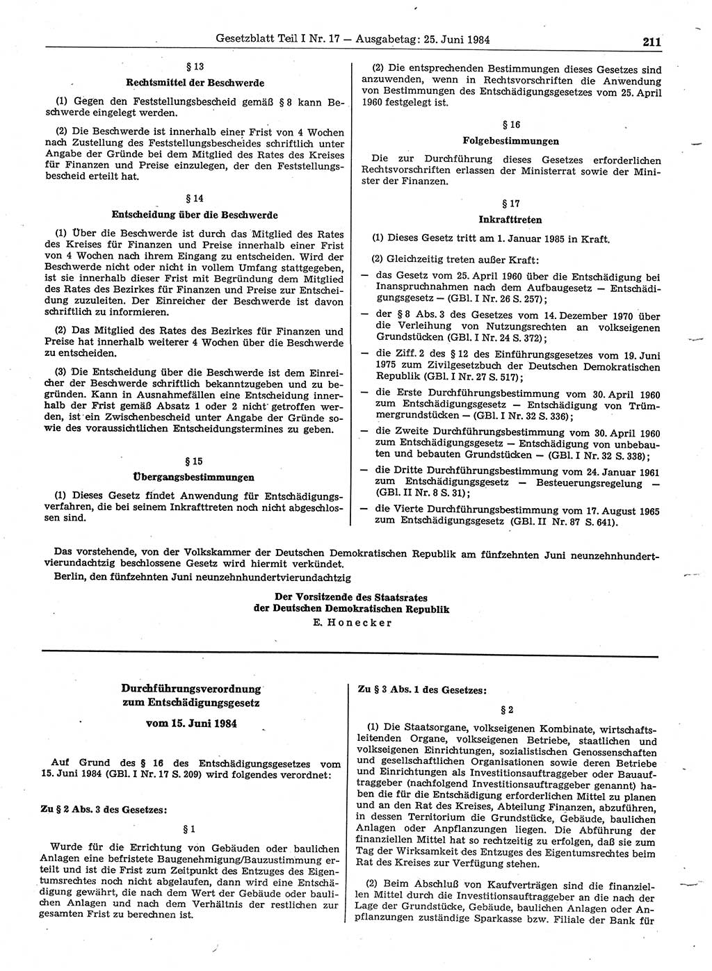 Gesetzblatt (GBl.) der Deutschen Demokratischen Republik (DDR) Teil Ⅰ 1984, Seite 211 (GBl. DDR Ⅰ 1984, S. 211)
