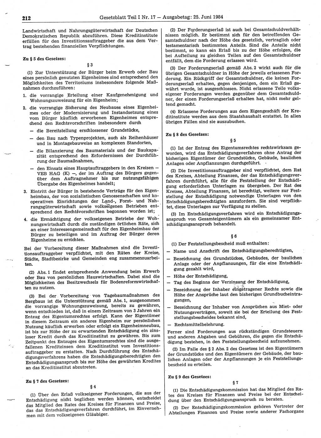 Gesetzblatt (GBl.) der Deutschen Demokratischen Republik (DDR) Teil Ⅰ 1984, Seite 212 (GBl. DDR Ⅰ 1984, S. 212)