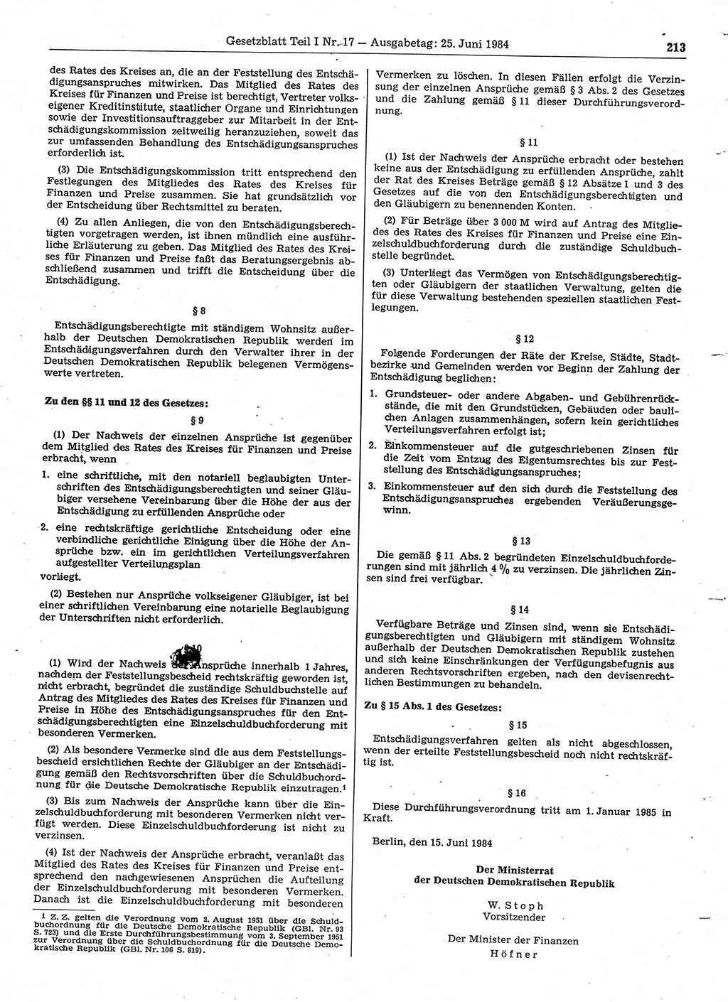 Gesetzblatt (GBl.) der Deutschen Demokratischen Republik (DDR) Teil Ⅰ 1984, Seite 213 (GBl. DDR Ⅰ 1984, S. 213)