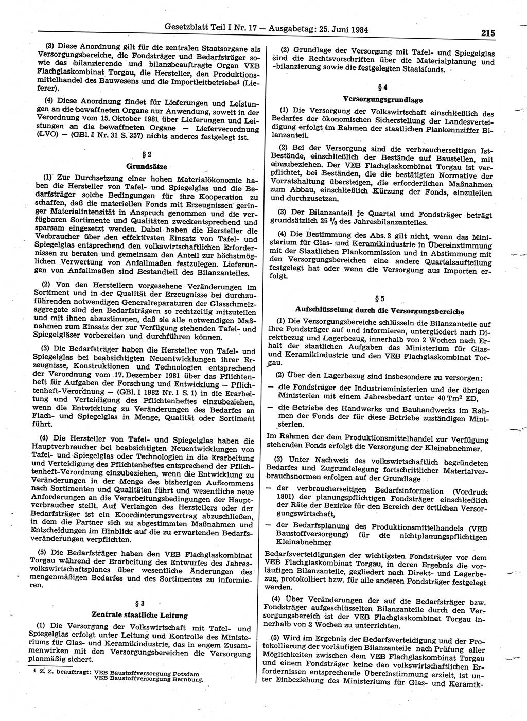 Gesetzblatt (GBl.) der Deutschen Demokratischen Republik (DDR) Teil Ⅰ 1984, Seite 215 (GBl. DDR Ⅰ 1984, S. 215)