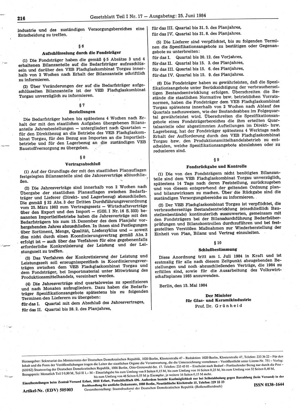 Gesetzblatt (GBl.) der Deutschen Demokratischen Republik (DDR) Teil Ⅰ 1984, Seite 216 (GBl. DDR Ⅰ 1984, S. 216)