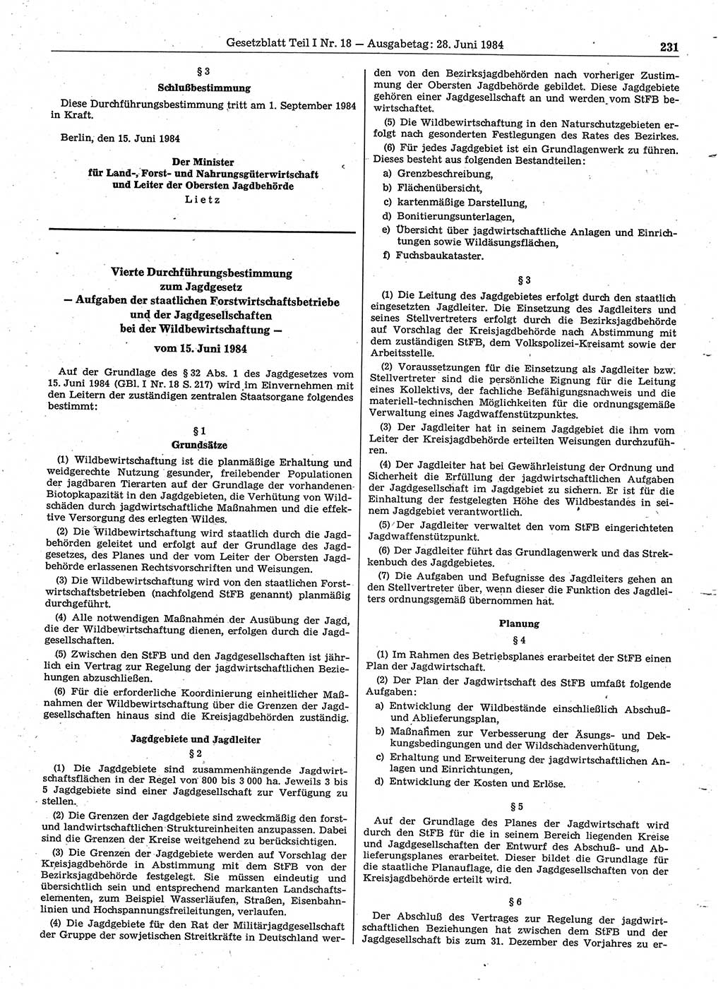 Gesetzblatt (GBl.) der Deutschen Demokratischen Republik (DDR) Teil Ⅰ 1984, Seite 231 (GBl. DDR Ⅰ 1984, S. 231)