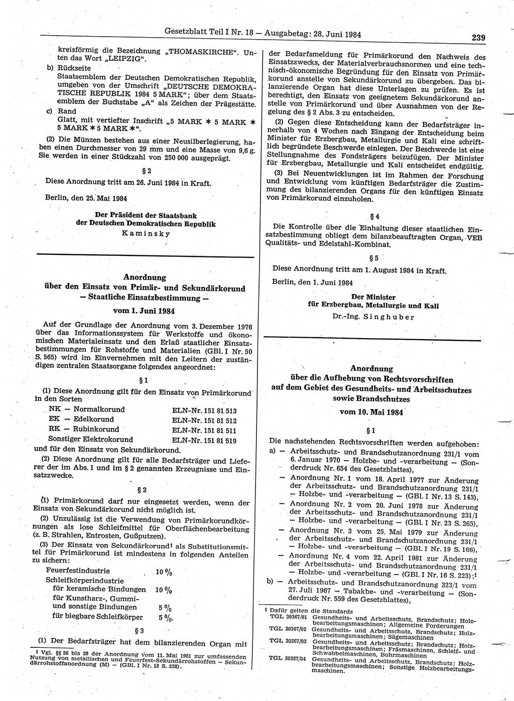 Gesetzblatt (GBl.) der Deutschen Demokratischen Republik (DDR) Teil Ⅰ 1984, Seite 239 (GBl. DDR Ⅰ 1984, S. 239)